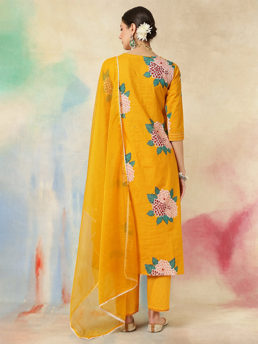 Rayon Calf Length Printed A-Line3/4 Sleeves V-Neck Kurta Suit Set With Dupatta - Image 3