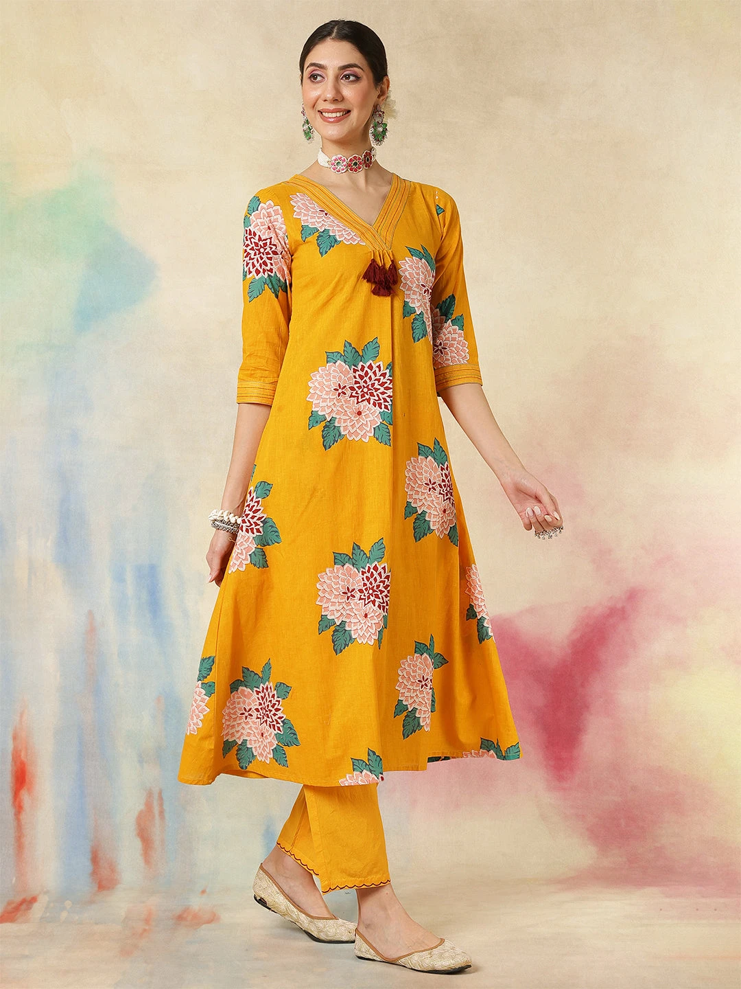 Rayon Calf Length Printed A-Line3/4 Sleeves V-Neck Kurta Suit Set With Dupatta - Image 4