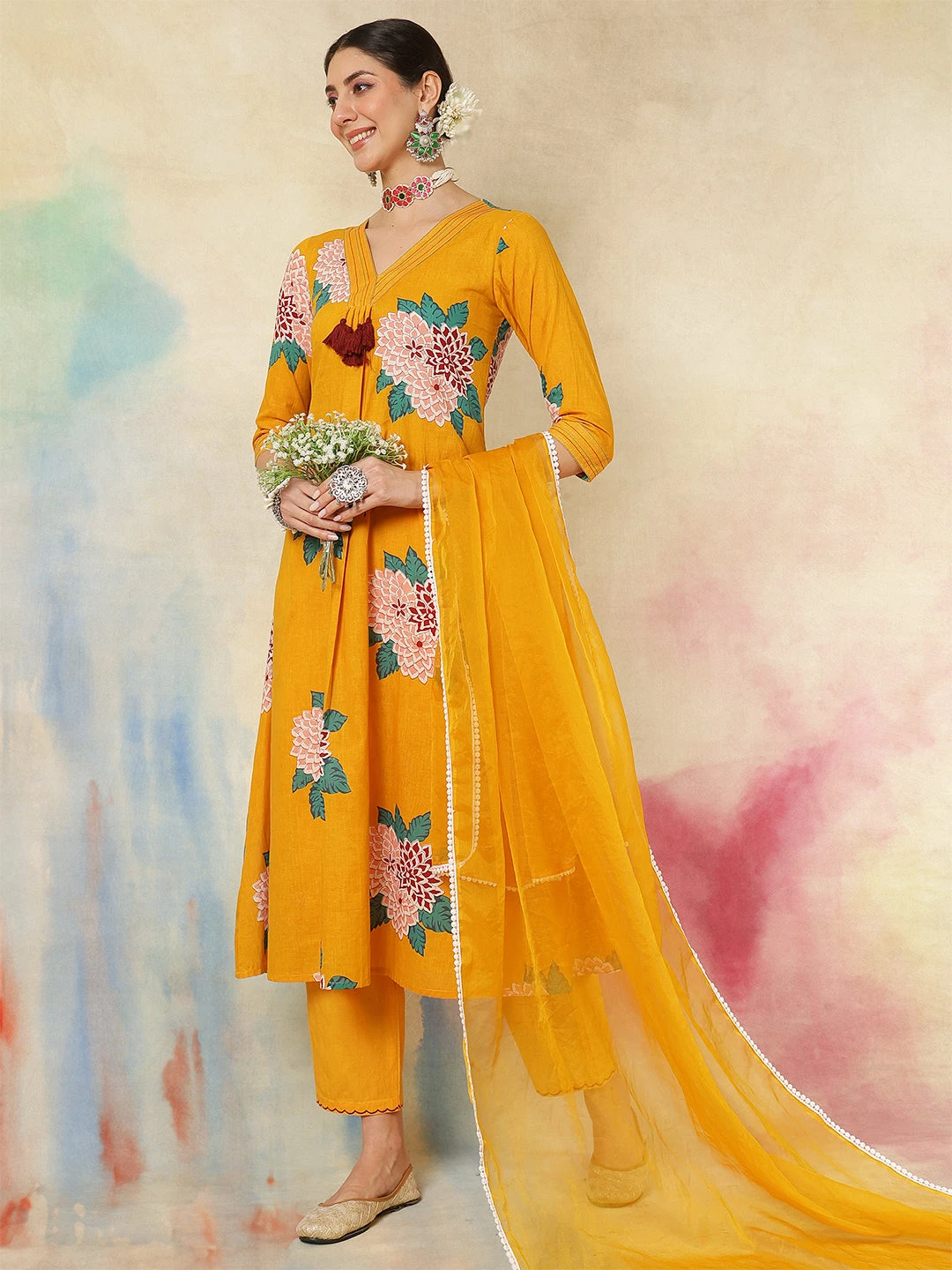 Rayon Calf Length Printed A-Line3/4 Sleeves V-Neck Kurta Suit Set With Dupatta - Image 5