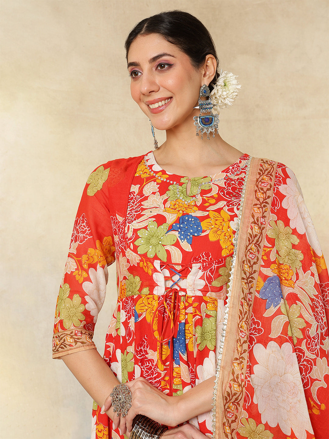 Cotton Flared Printed A-Line3/4 Sleeves Round Neck Kurta Suit Set With Dupatta - Image 2