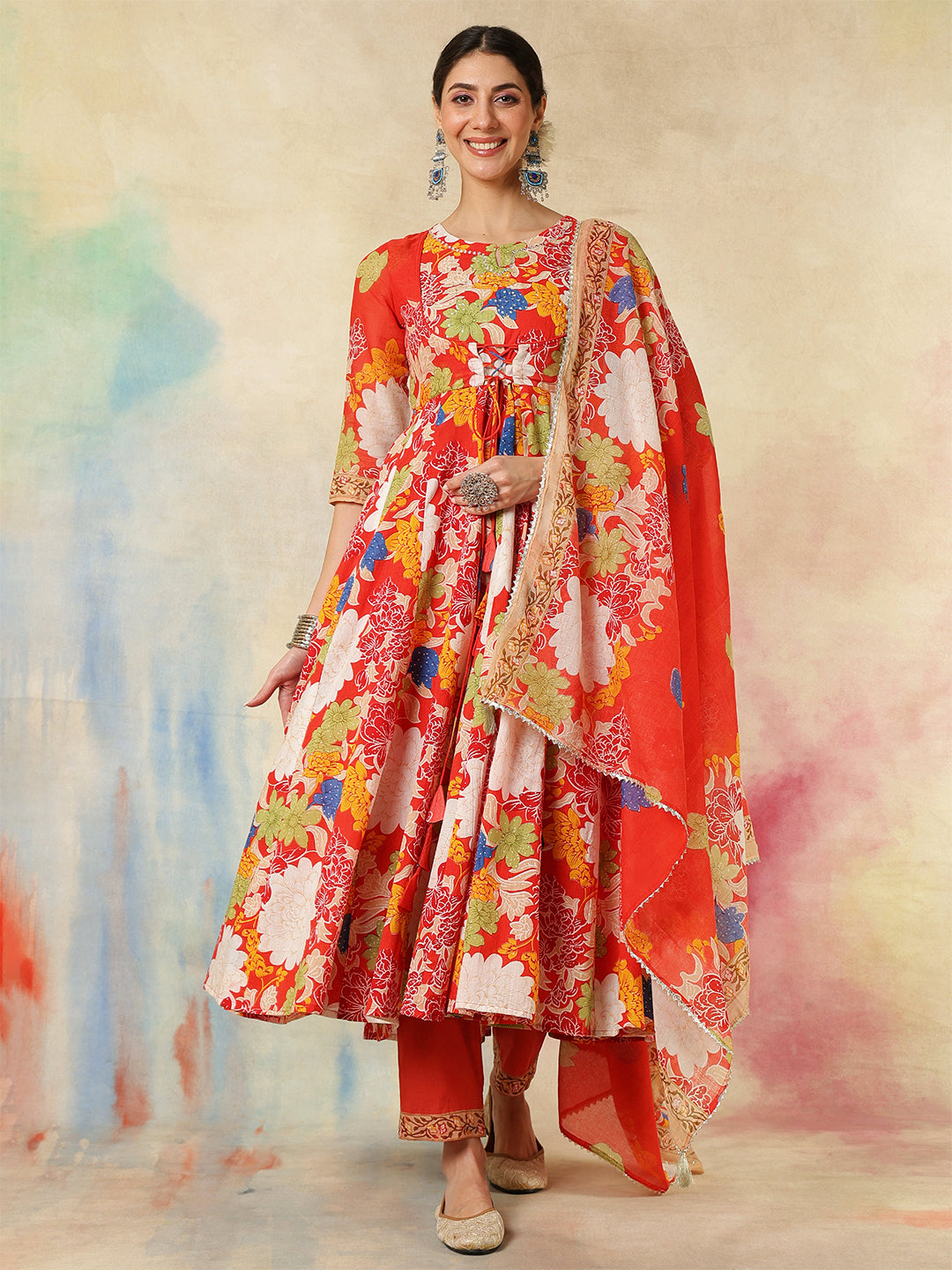 Cotton Flared Printed A-Line3/4 Sleeves Round Neck Kurta Suit Set With Dupatta - Image 3