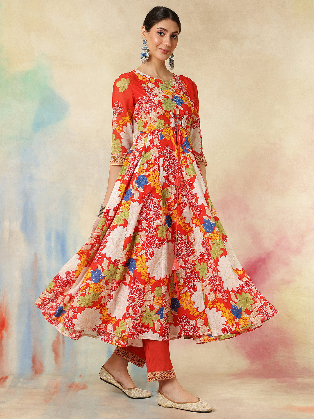 Cotton Flared Printed A-Line3/4 Sleeves Round Neck Kurta Suit Set With Dupatta - Image 4