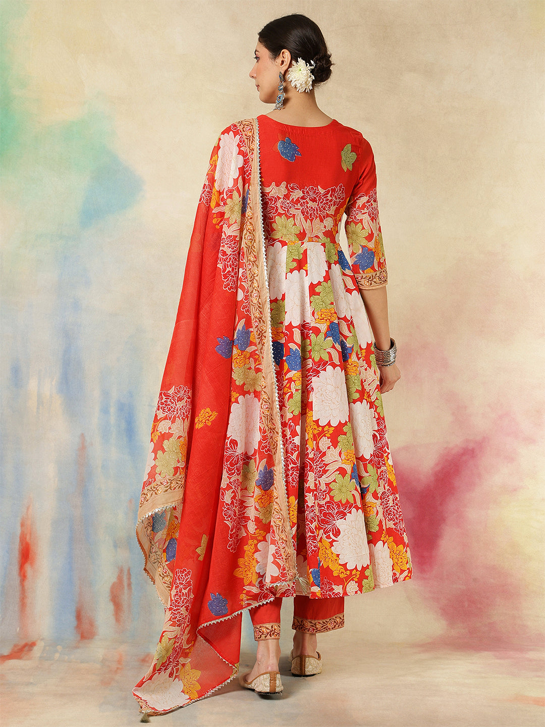 Cotton Flared Printed A-Line3/4 Sleeves Round Neck Kurta Suit Set With Dupatta - Image 5