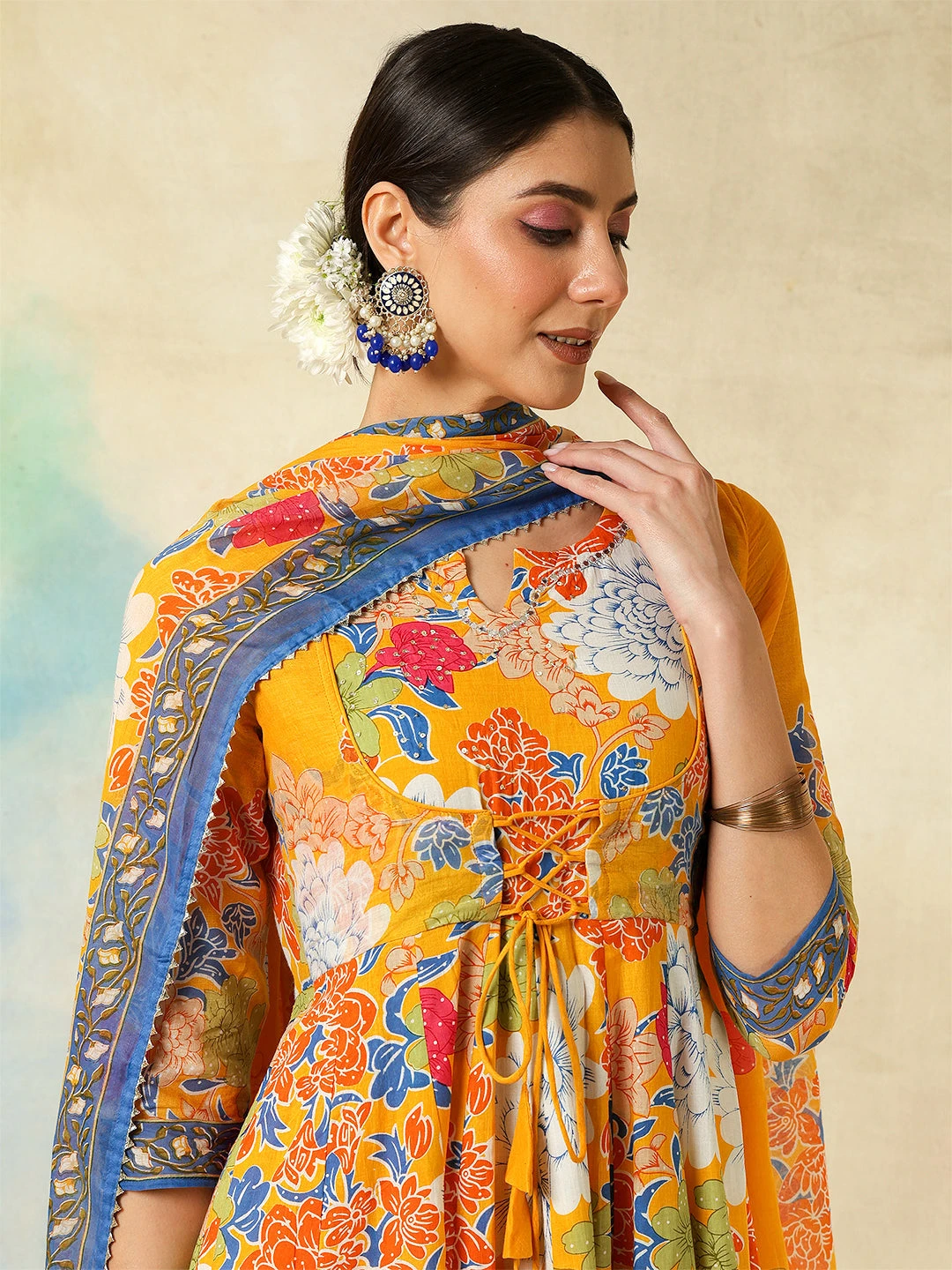 Cotton Flared Printed A-Line3/4 Sleeves Round Neck Kurta Suit Set With Dupatta - Image 2