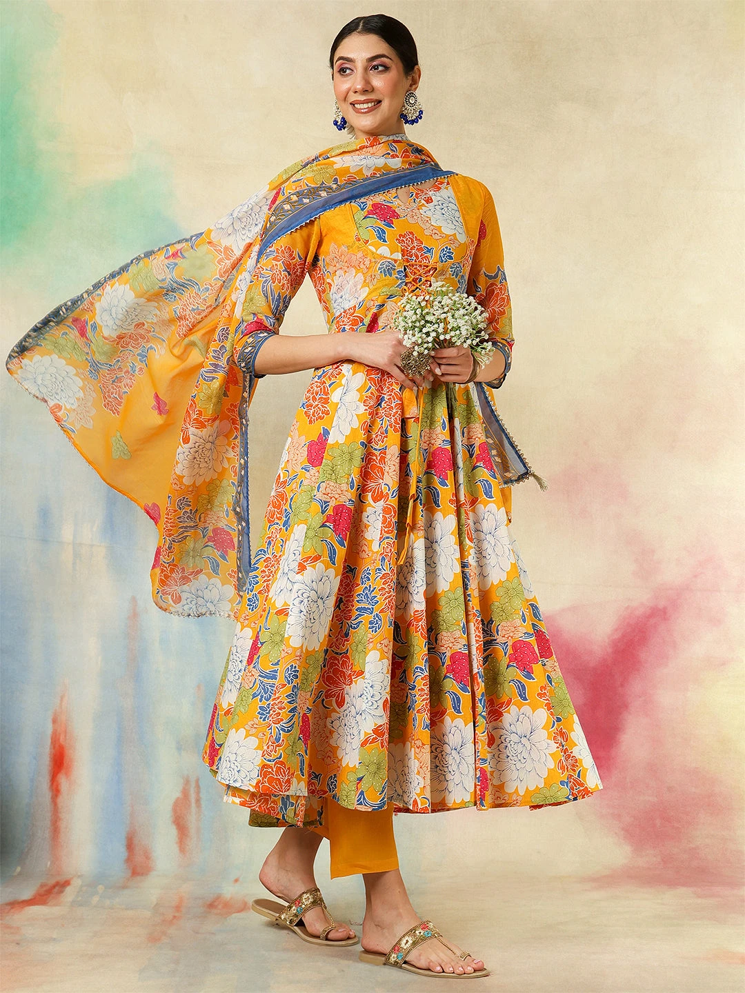 Cotton Flared Printed A-Line3/4 Sleeves Round Neck Kurta Suit Set With Dupatta - Image 3