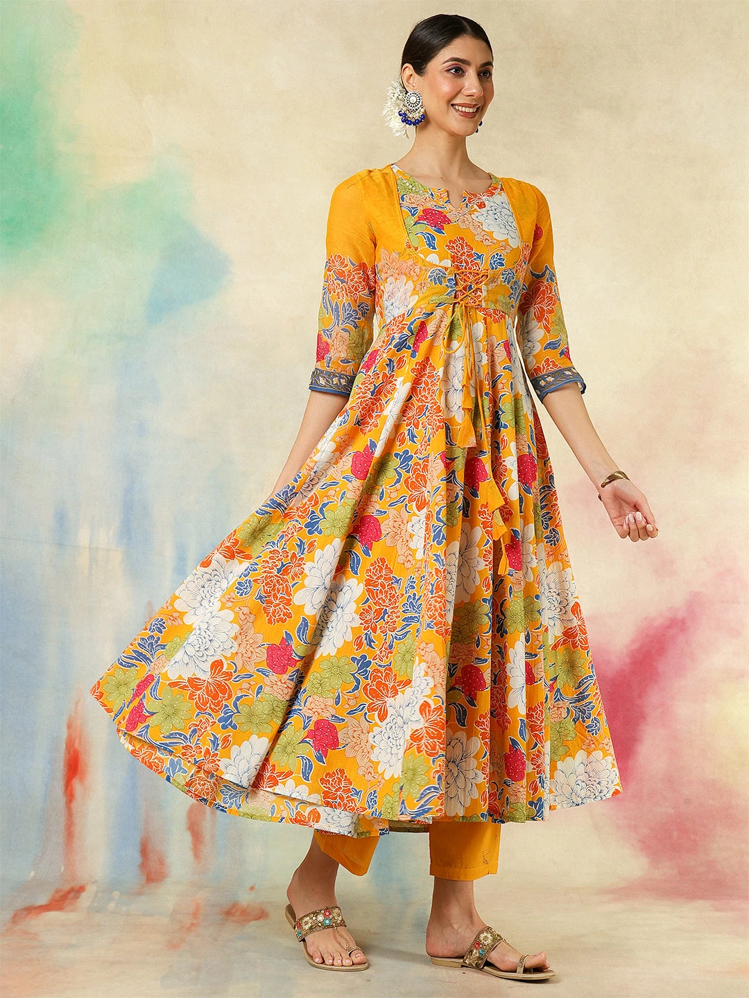Cotton Flared Printed A-Line3/4 Sleeves Round Neck Kurta Suit Set With Dupatta - Image 4