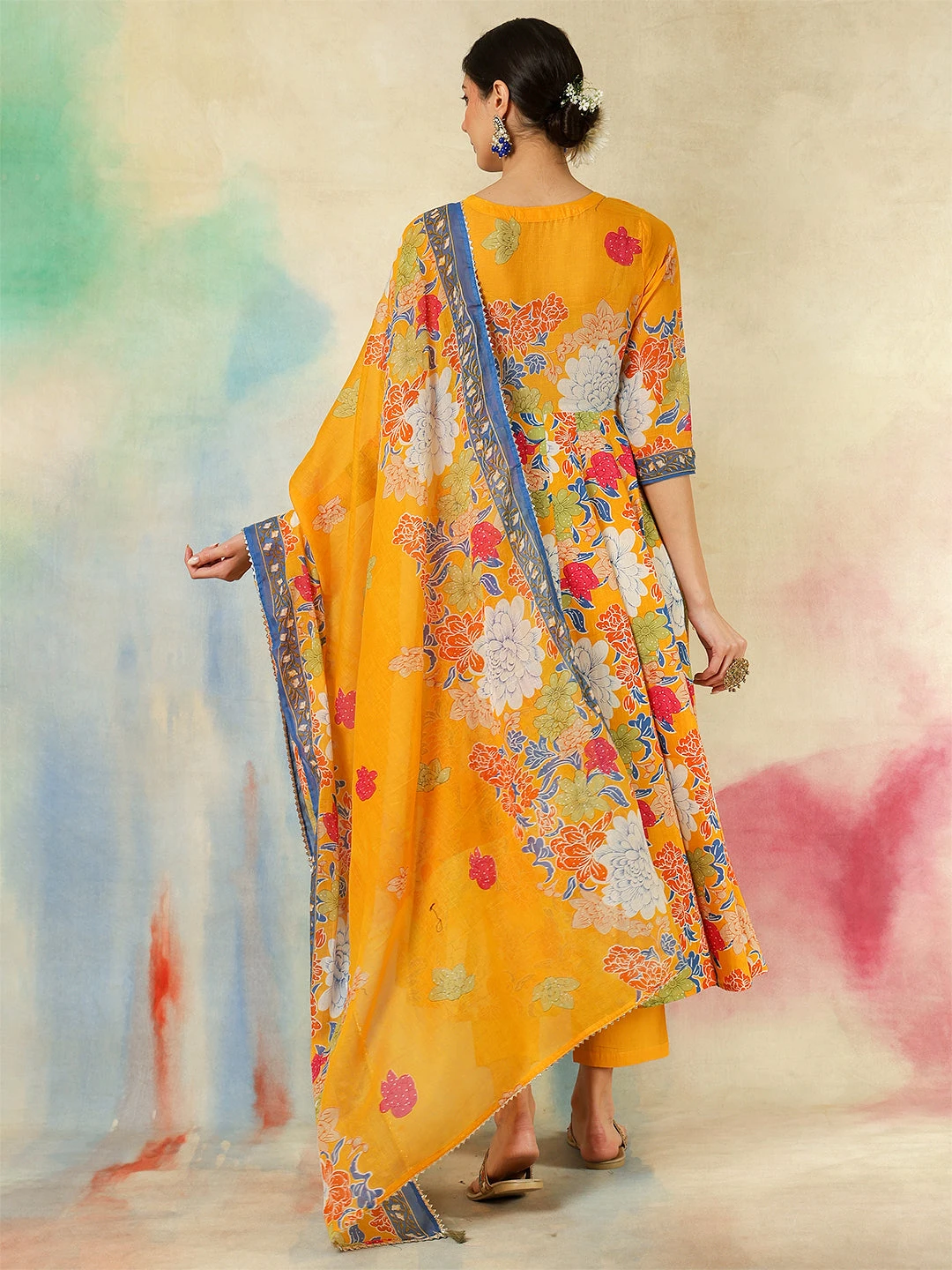 Cotton Flared Printed A-Line3/4 Sleeves Round Neck Kurta Suit Set With Dupatta - Image 5