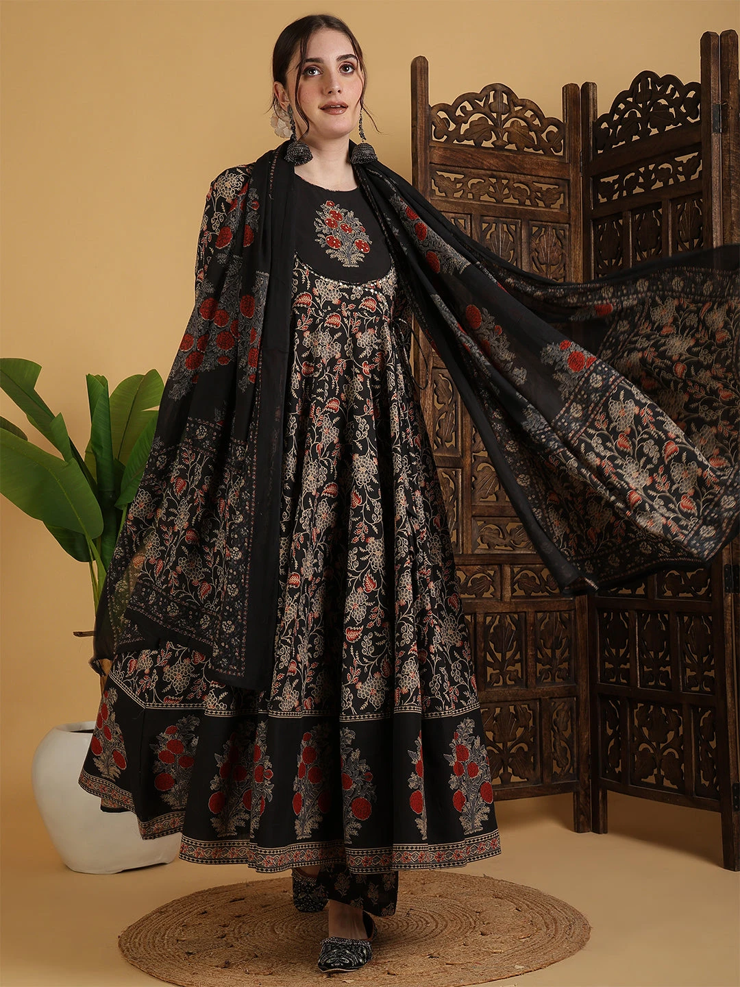 Cotton Flared Printed Embroidered A-Line3/4 Sleeves Round Neck Kurta Suit Set With Dupatta - Image 2