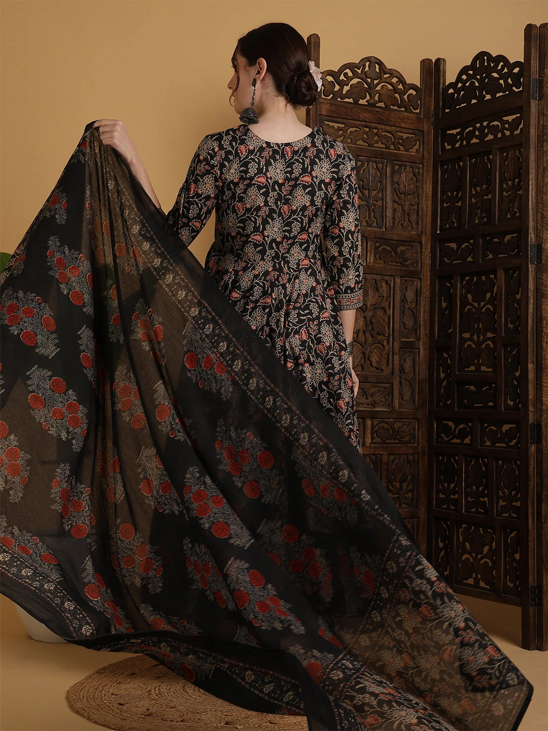 Cotton Flared Printed Embroidered A-Line3/4 Sleeves Round Neck Kurta Suit Set With Dupatta - Image 4