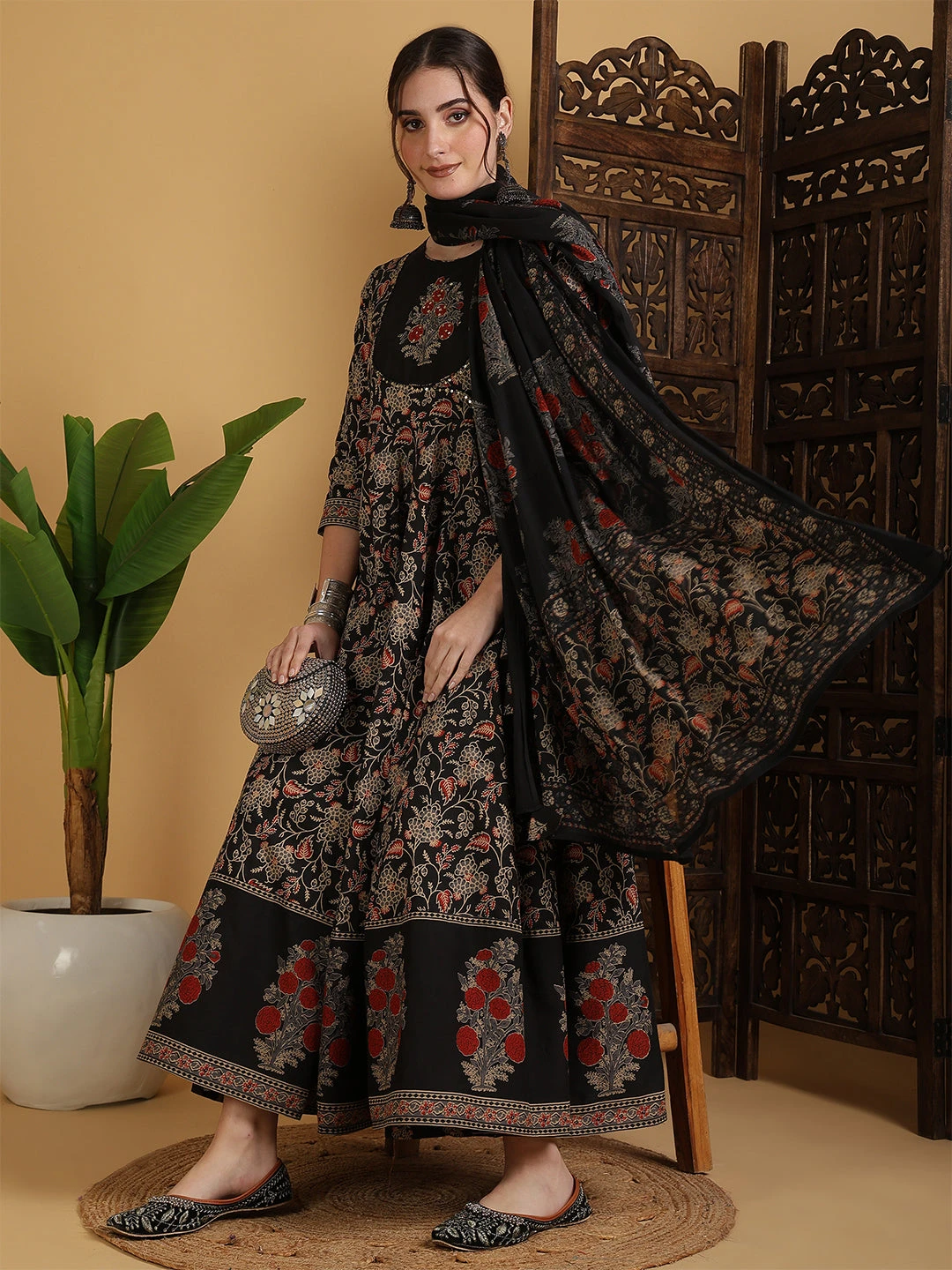 Cotton Flared Printed Embroidered A-Line3/4 Sleeves Round Neck Kurta Suit Set With Dupatta - Image 5