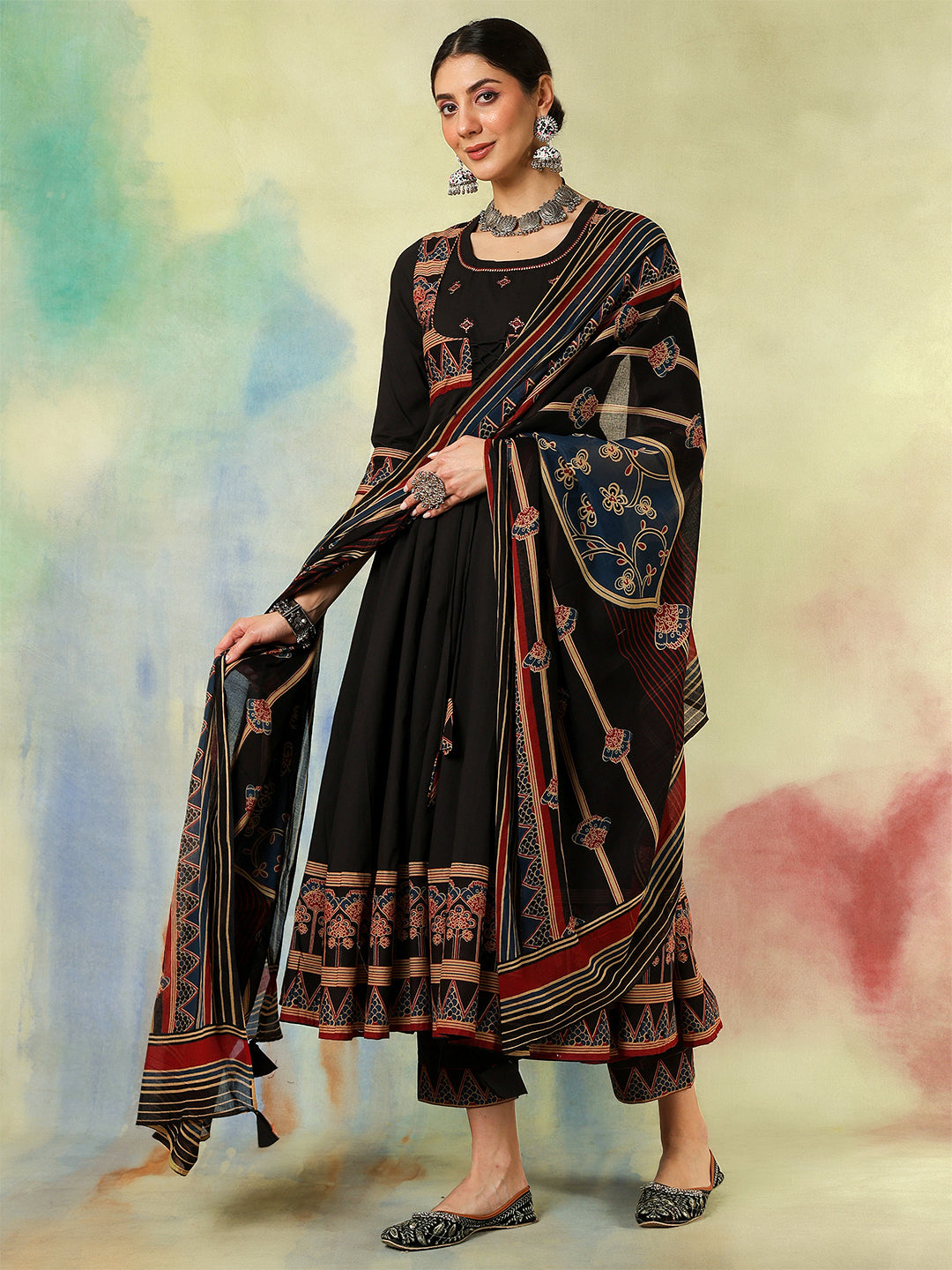 Cotton Calf Length Printed Embroidered A-Line3/4 Sleeves Round Neck Kurta Suit Set With Dupatta - Image 2