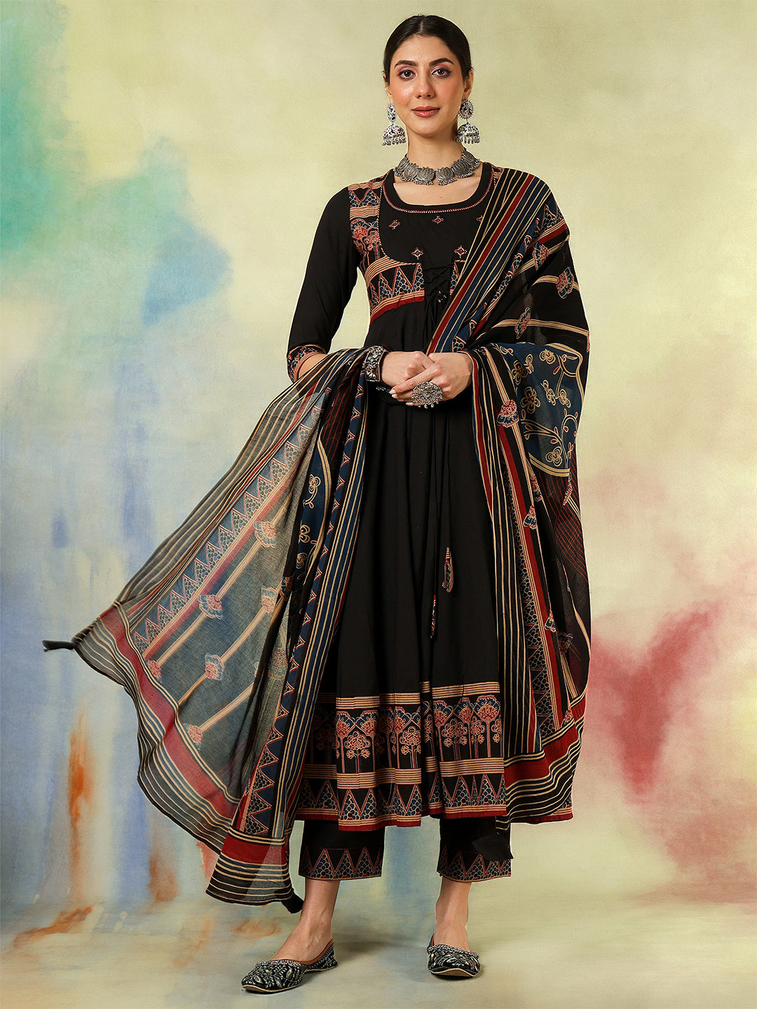 Cotton Calf Length Printed Embroidered A-Line3/4 Sleeves Round Neck Kurta Suit Set With Dupatta - Image 3