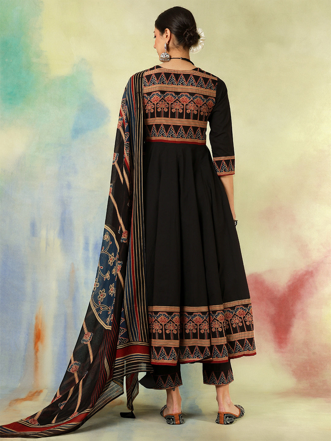 Cotton Calf Length Printed Embroidered A-Line3/4 Sleeves Round Neck Kurta Suit Set With Dupatta - Image 4