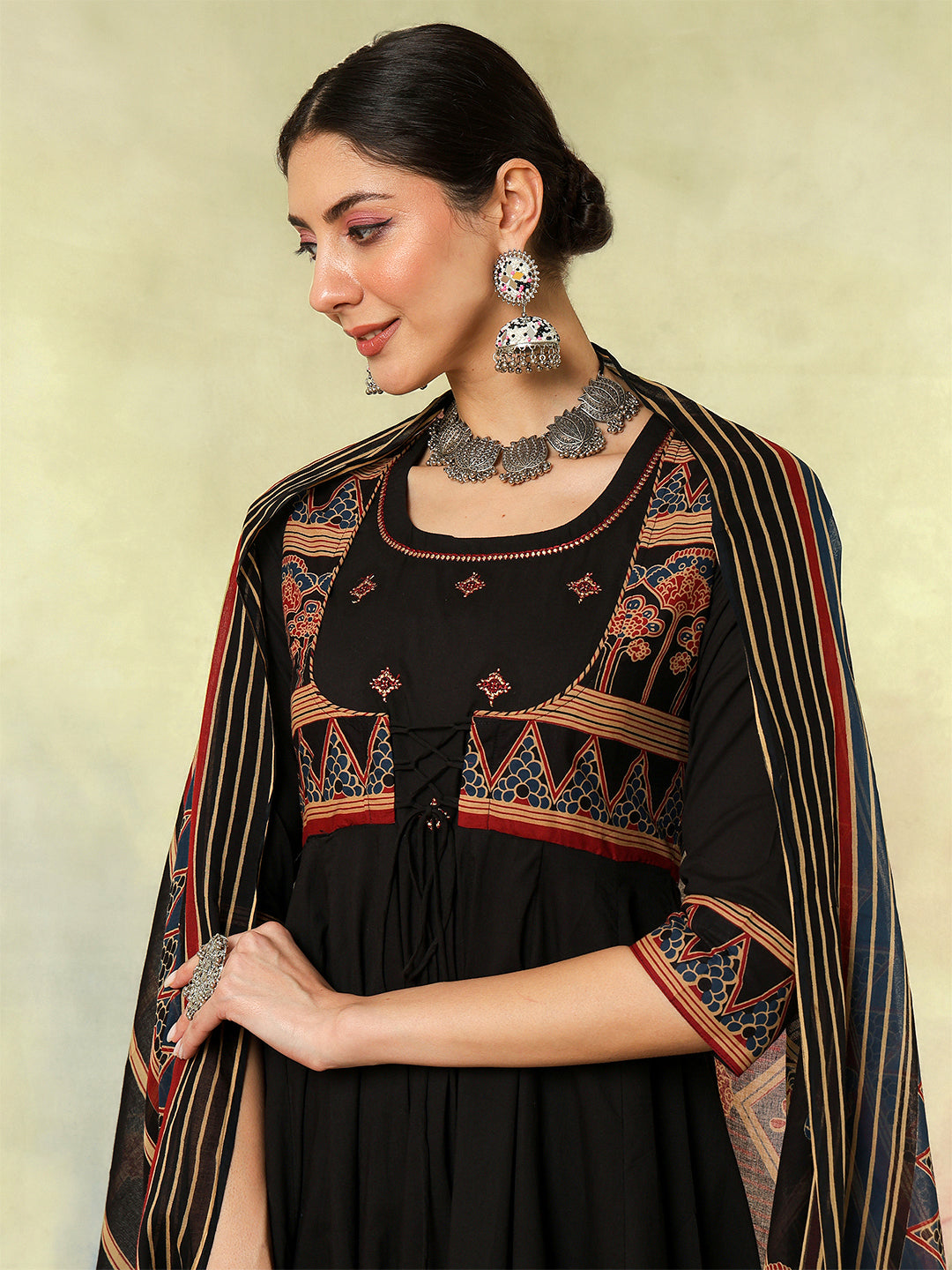 Cotton Calf Length Printed Embroidered A-Line3/4 Sleeves Round Neck Kurta Suit Set With Dupatta - Image 5