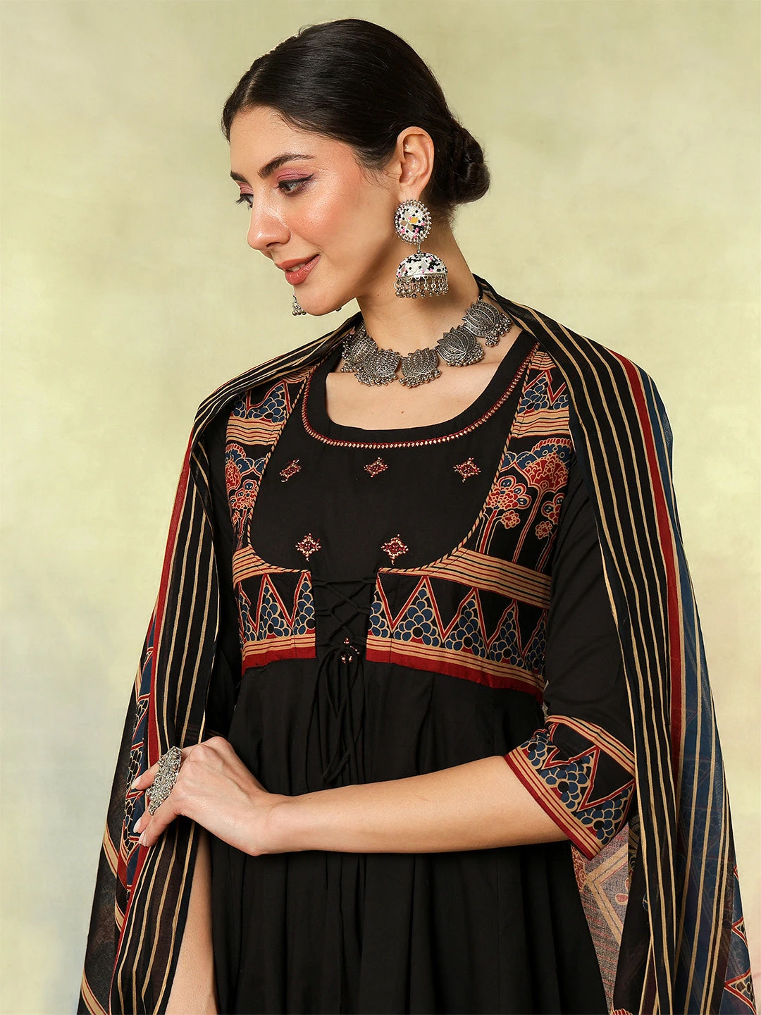 Cotton Calf Length Printed Embroidered A-Line3/4 Sleeves Round Neck Kurta Suit Set With Dupatta - Image 5