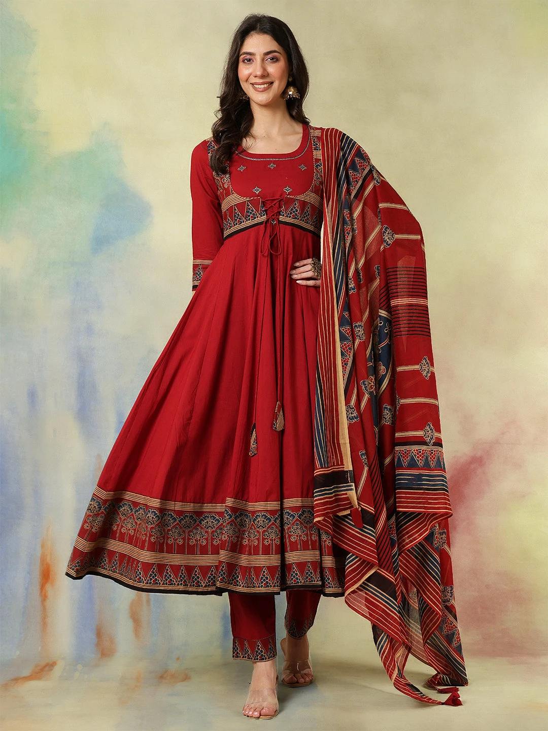 Cotton Calf Length Printed Embroidered A-Line3/4 Sleeves Round Neck Kurta Suit Set With Dupatta - Image 2