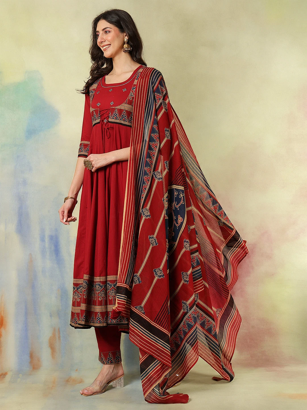Cotton Calf Length Printed Embroidered A-Line3/4 Sleeves Round Neck Kurta Suit Set With Dupatta - Image 3