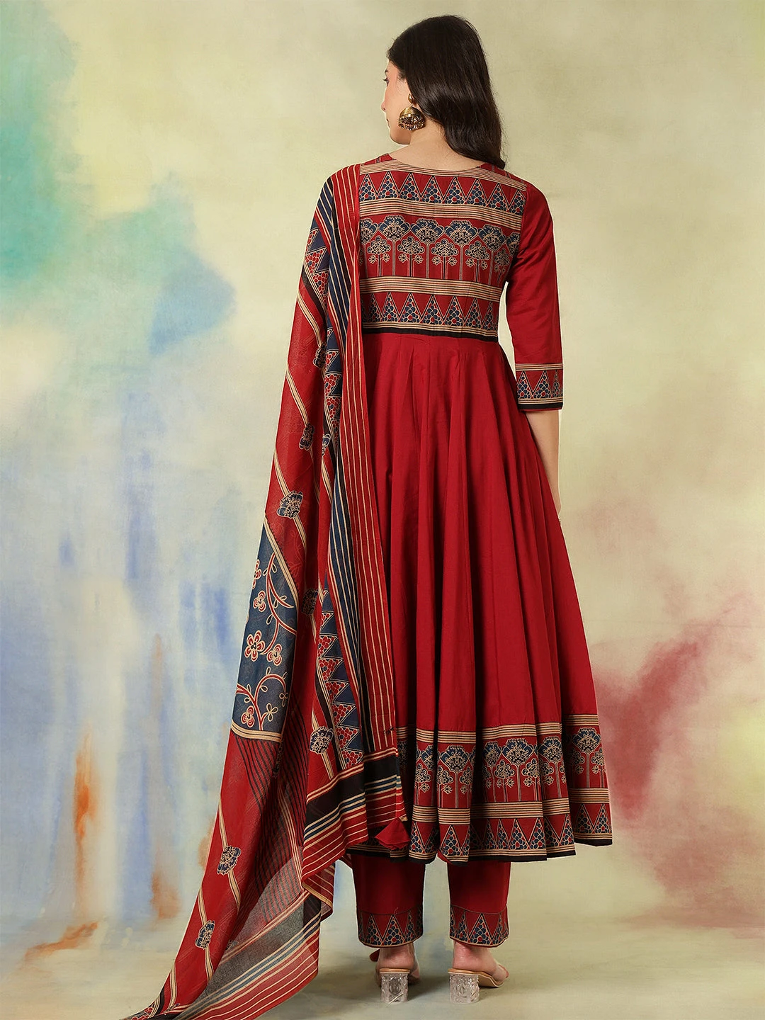 Cotton Calf Length Printed Embroidered A-Line3/4 Sleeves Round Neck Kurta Suit Set With Dupatta - Image 4