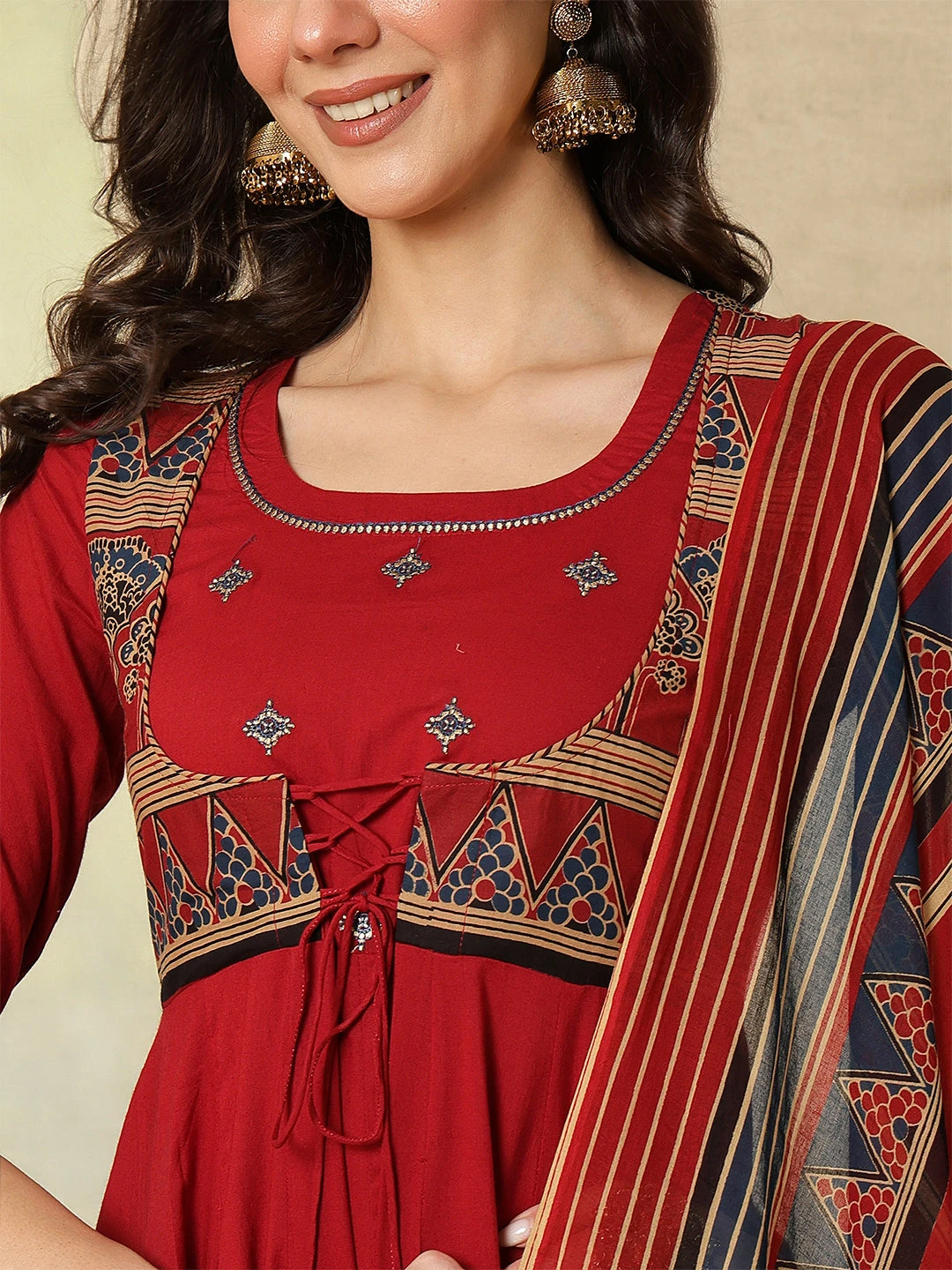 Cotton Calf Length Printed Embroidered A-Line3/4 Sleeves Round Neck Kurta Suit Set With Dupatta - Image 5