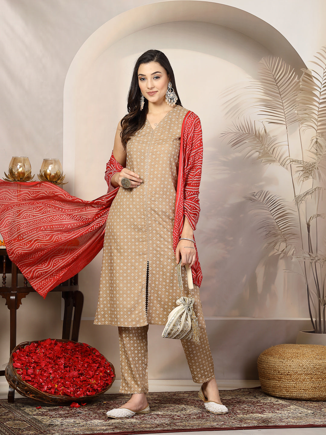 Beige Gold Printed Rayon A-Line Kurta Pant Dupatta Set - Image 5