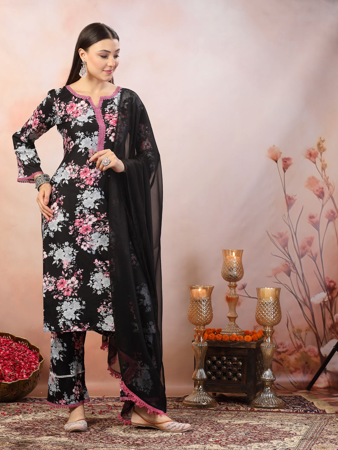 Black Printed Italian Crush Straight Kurta Pant Dupatta Set - Image 3