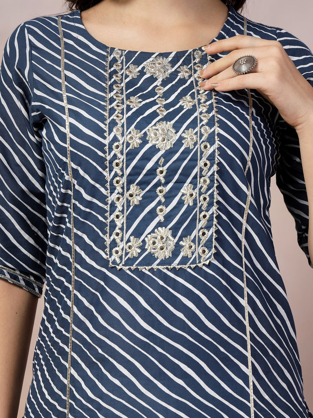 Blue Lehriya Printed & Embroidered Cotton Straight Kurta Pant Dupatta Set - Image 2