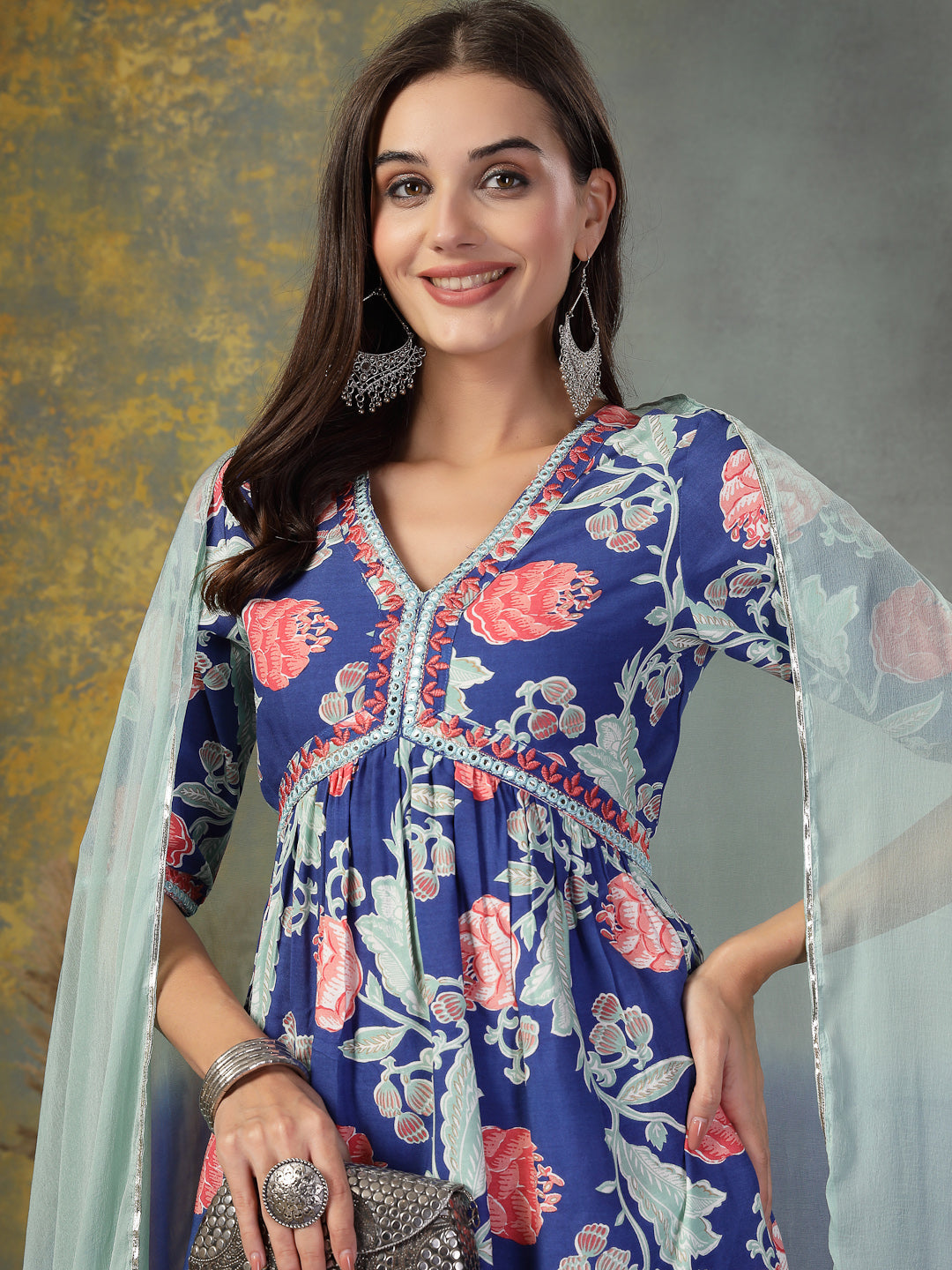 Blue Floral Printed & Embroidered Rayon Alia Cut Kurta Pant Dupatta Set - Image 2