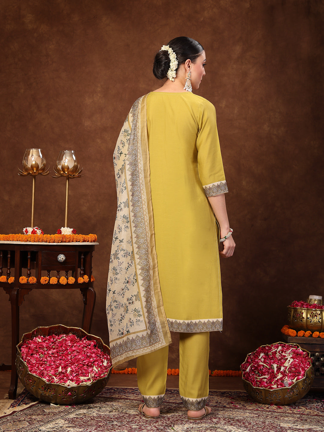 Mustard Solid & Embroidered Silk Straight Kurta Pant Dupatta Set - Image 4