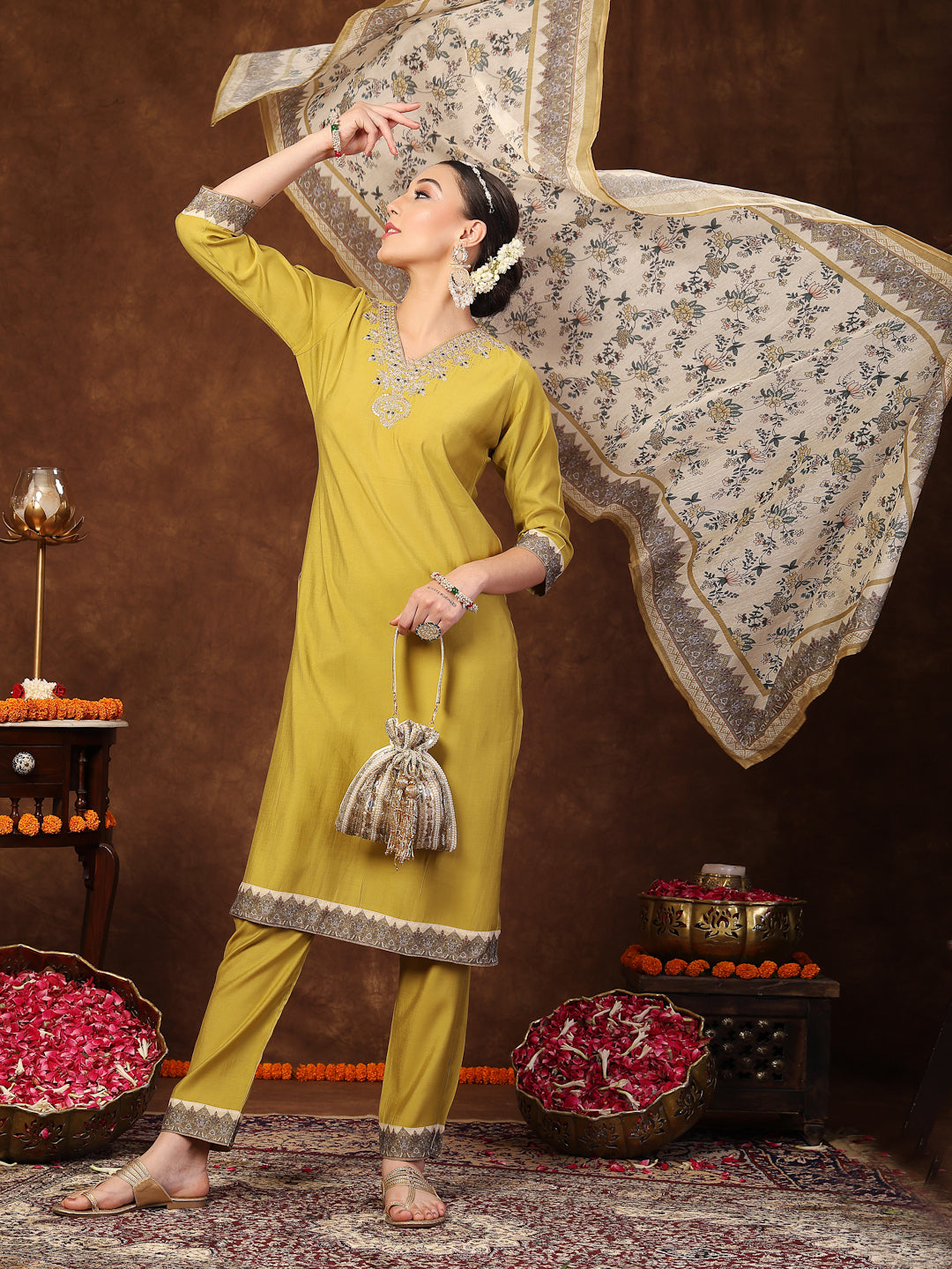 Mustard Solid & Embroidered Silk Straight Kurta Pant Dupatta Set - Image 5