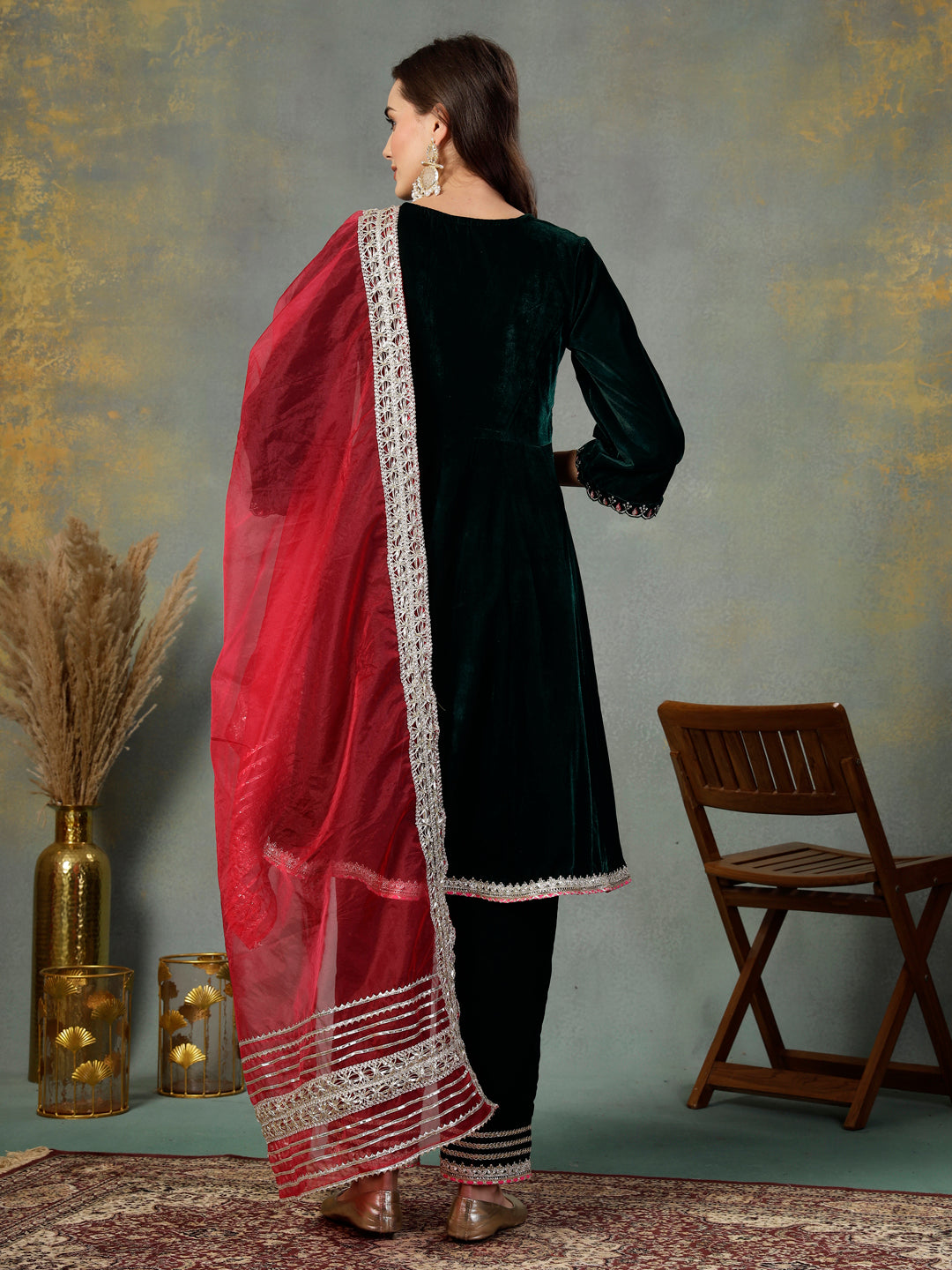 Green Solid & Embroidered Velvet Flared Short Kurta Pant Dupatta Set - Image 4