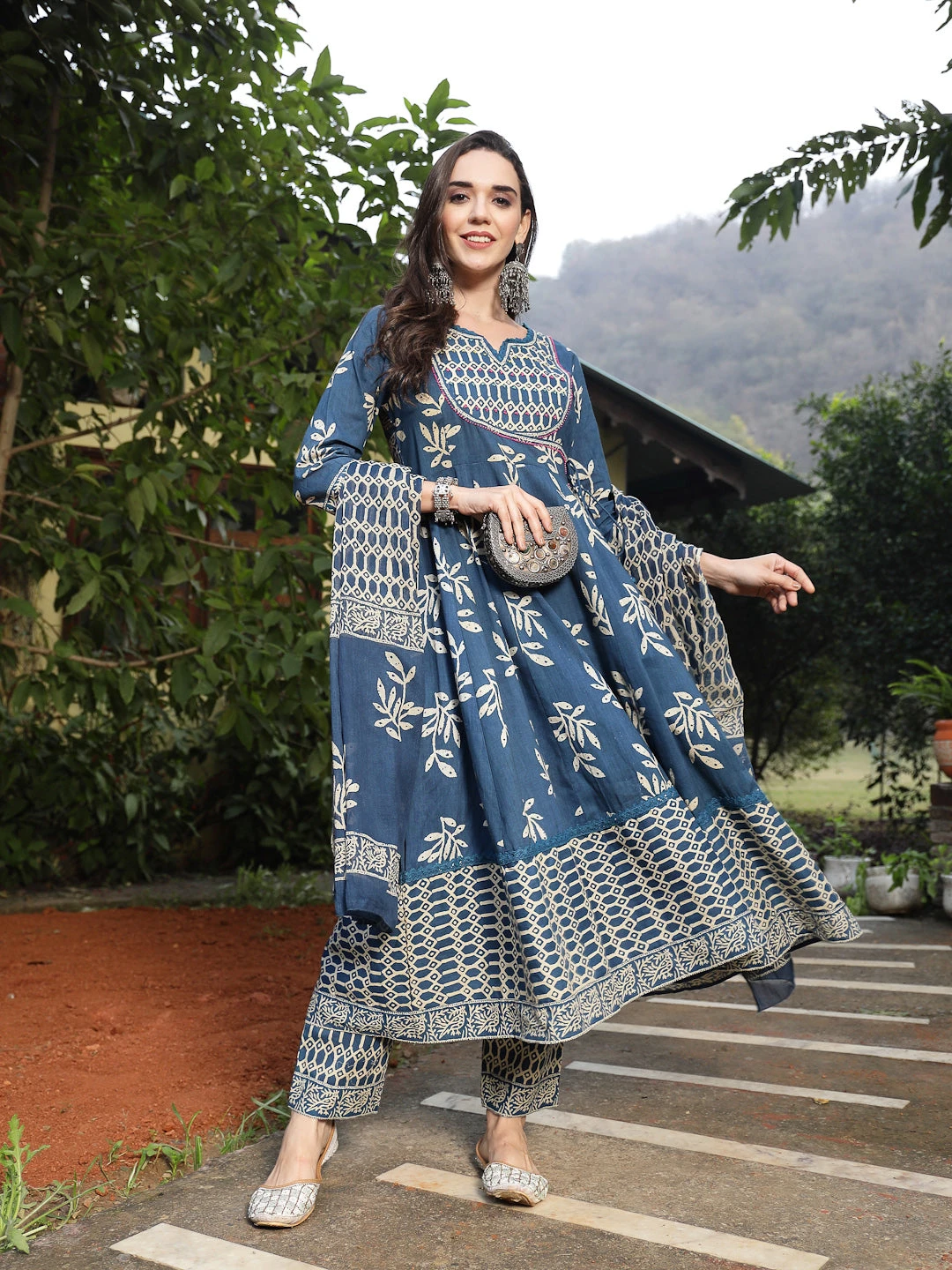 Blue Floral Printed Cotton Anarkali Kurta Pant Dupatta Set - Image 5