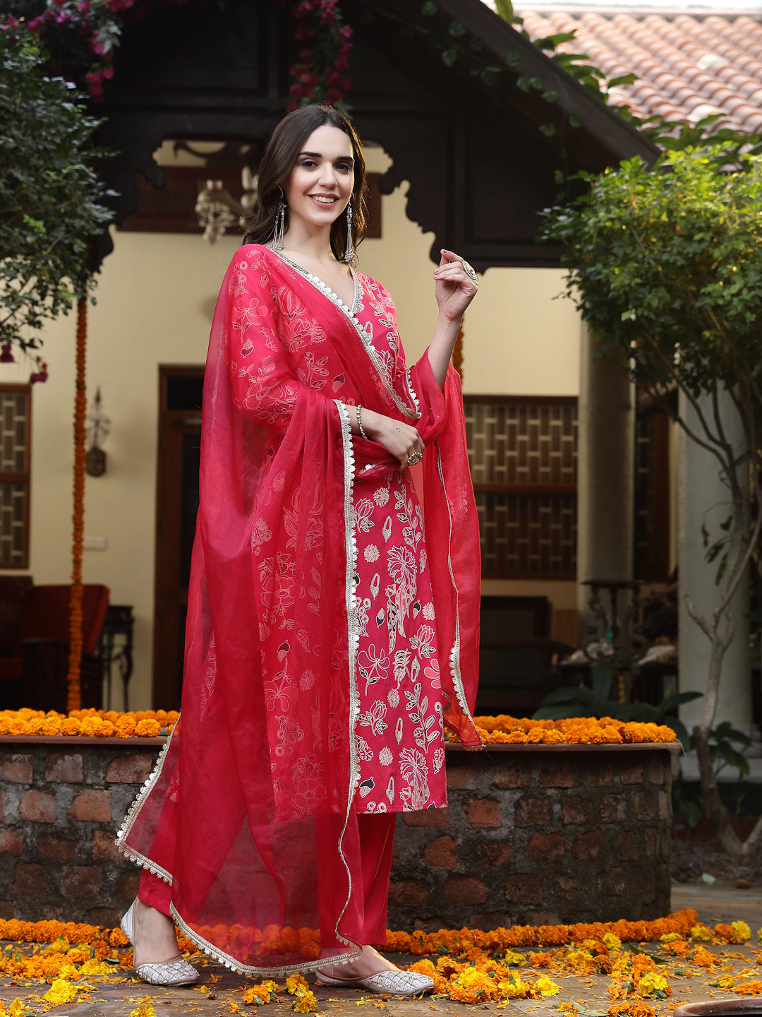 Pink Floral Printed Rayon Straight Kurta Pant Dupatta Set - Image 3