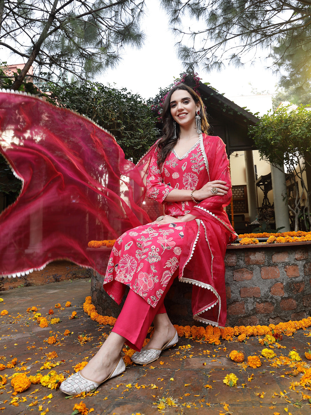 Pink Floral Printed Rayon Straight Kurta Pant Dupatta Set - Image 5