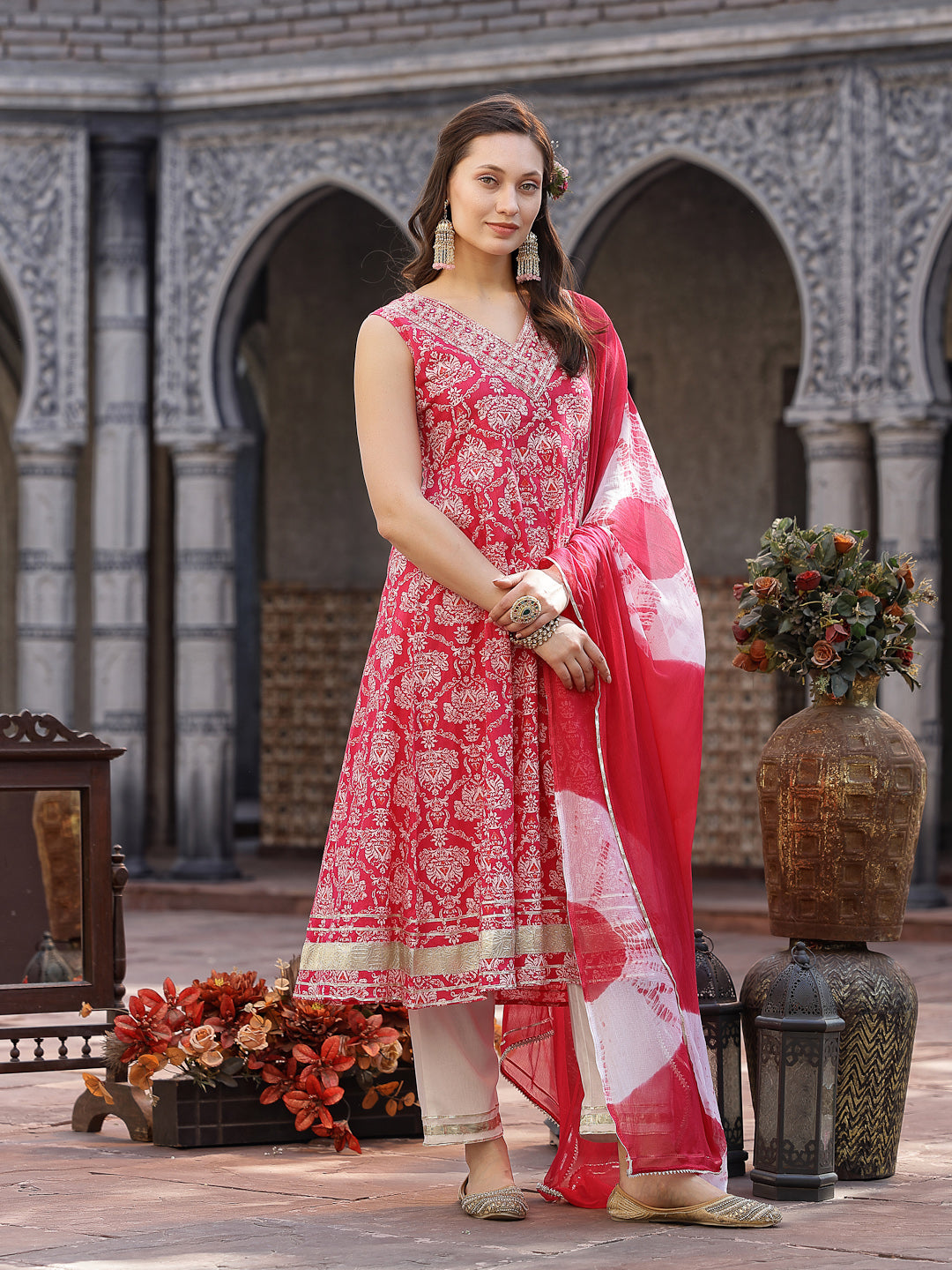 Pink Printed & Embroidered Cotton Anarkali Kurta Pant Dupatta Set - Image 3