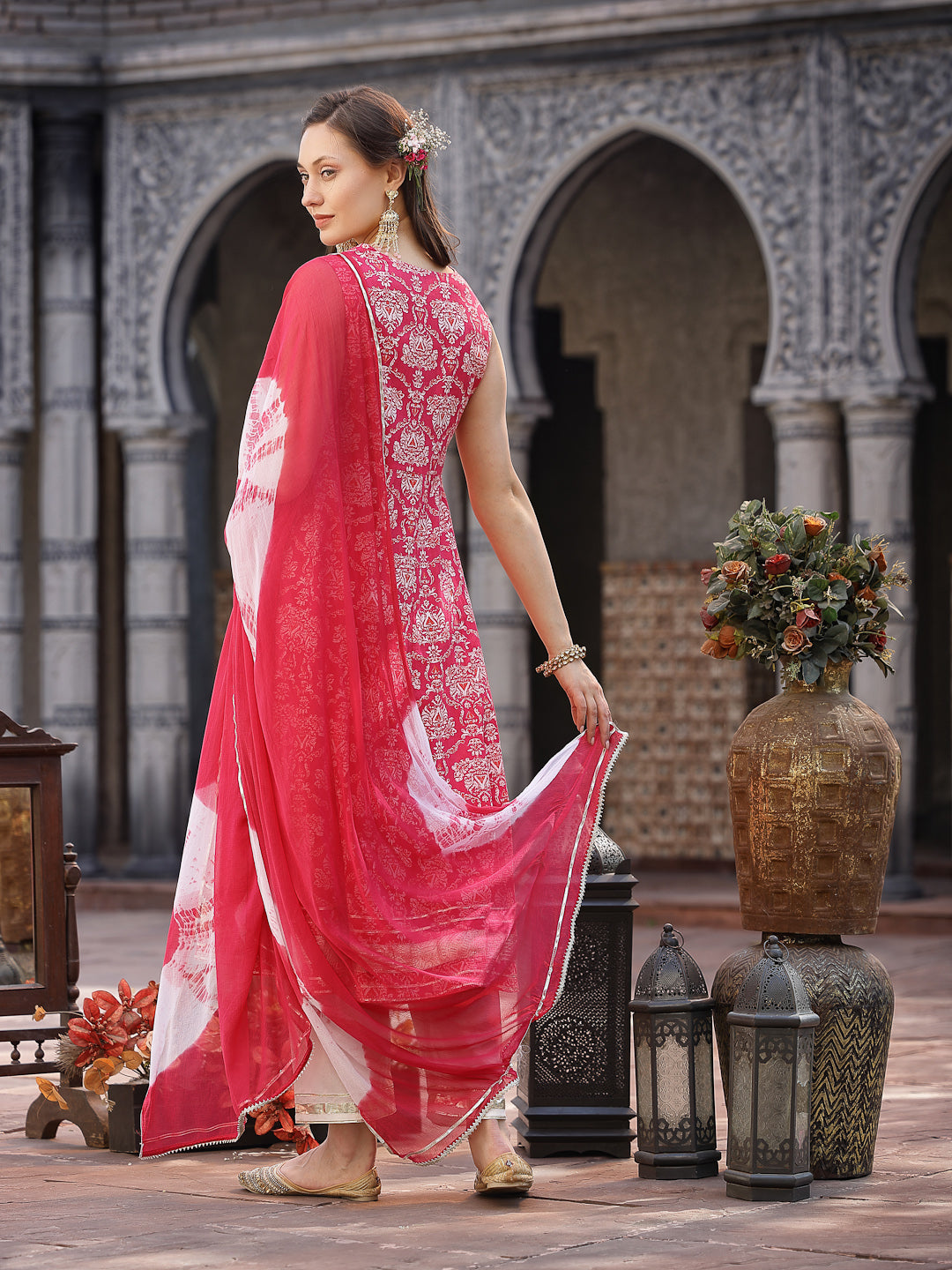 Pink Printed & Embroidered Cotton Anarkali Kurta Pant Dupatta Set - Image 4