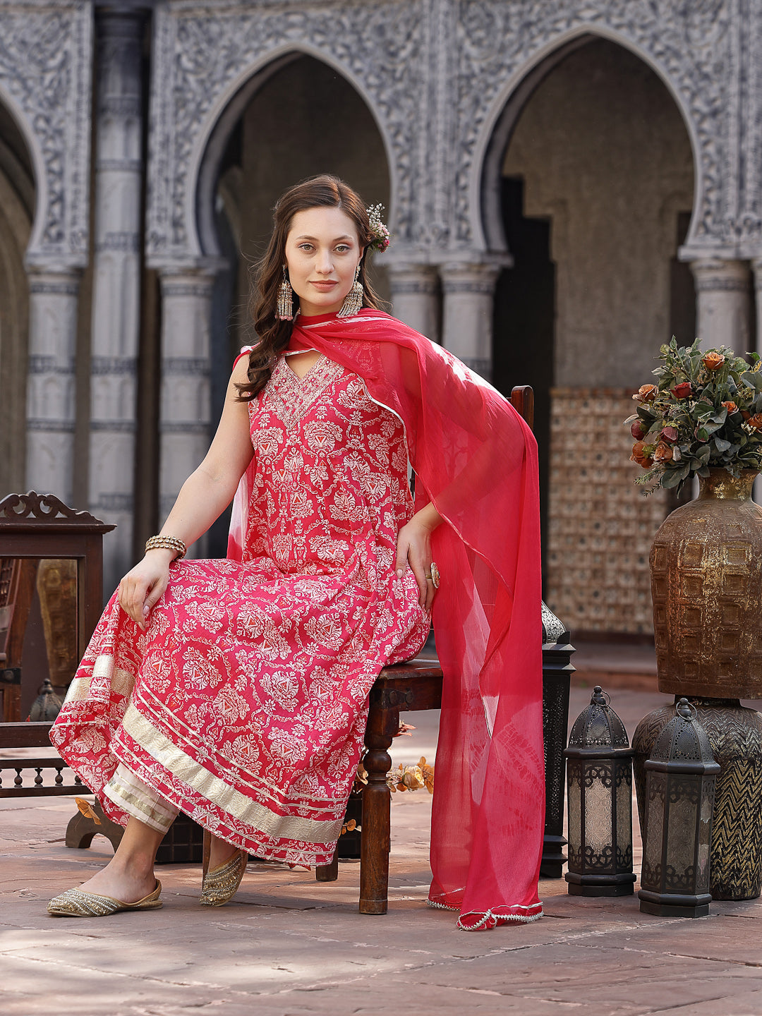 Pink Printed & Embroidered Cotton Anarkali Kurta Pant Dupatta Set - Image 5