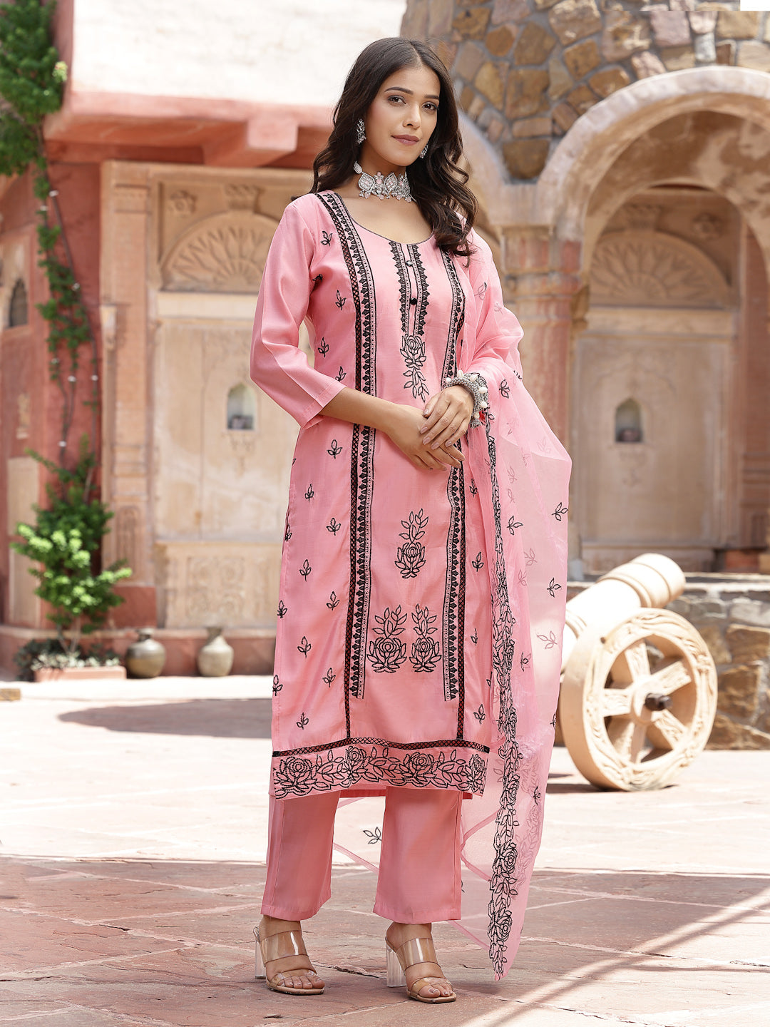 Pink Pakistani Solid & Embroidered Silk Blend Straight Kurta Pant Dupatta - Image 3