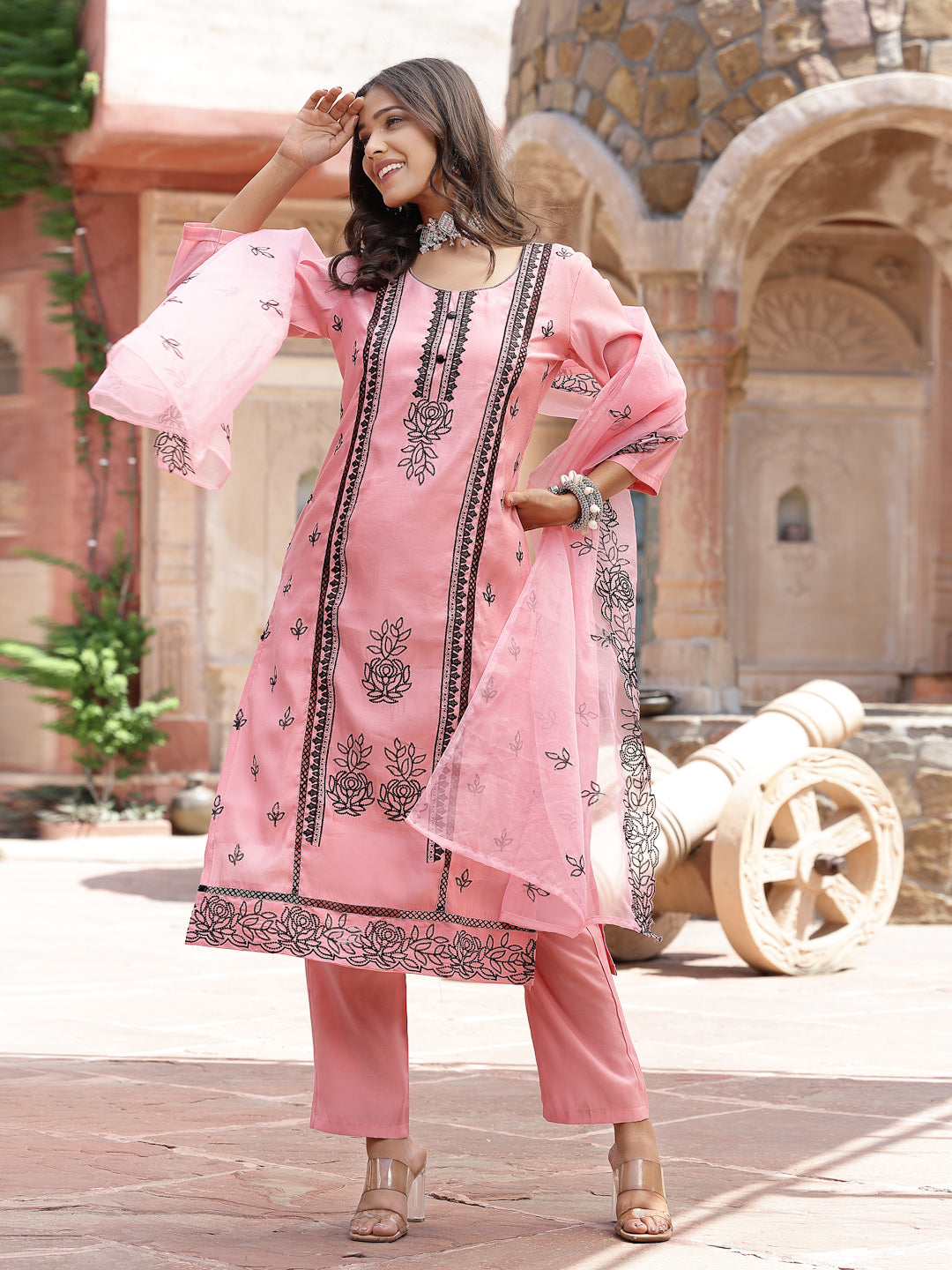 Pink Pakistani Solid & Embroidered Silk Blend Straight Kurta Pant Dupatta - Image 5