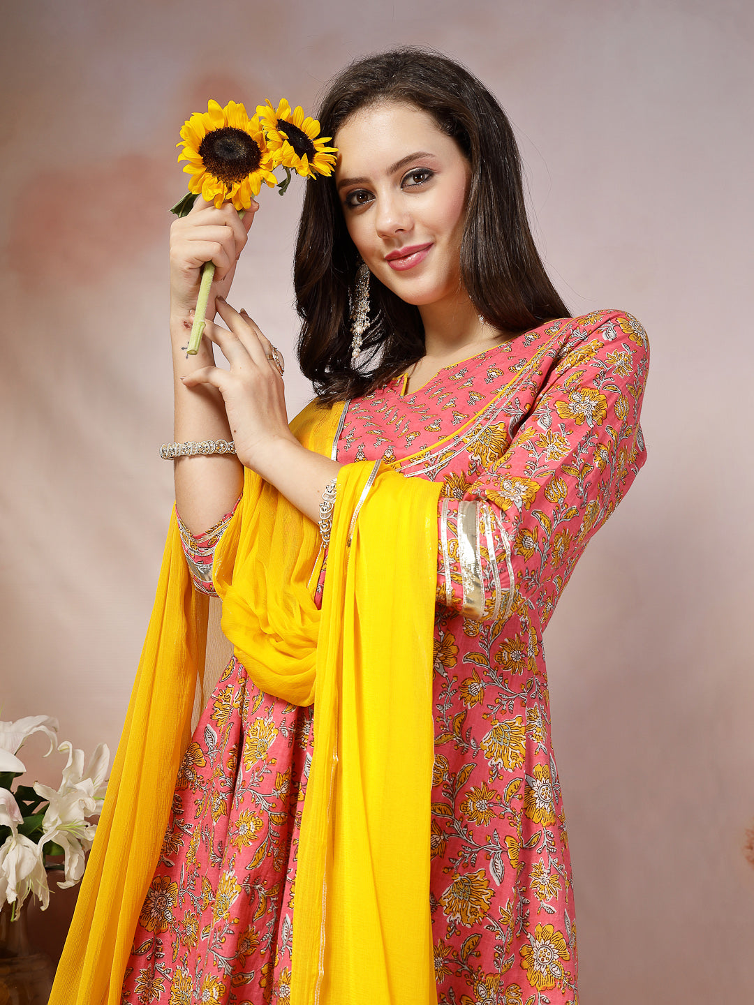 Pink Madhubani Printed Cotton Anarkali Kurta Pant Dupatta Set - Image 2