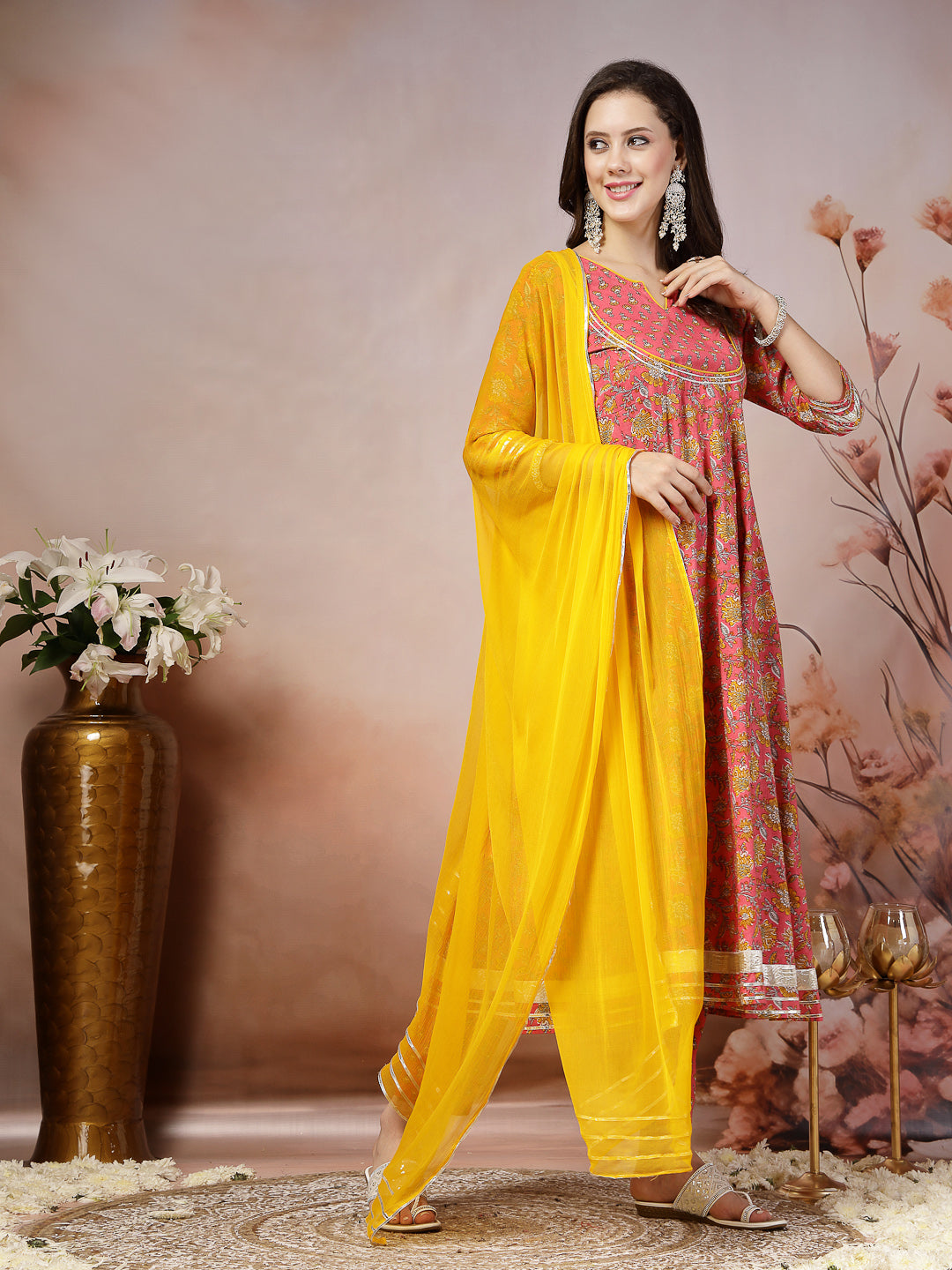 Pink Madhubani Printed Cotton Anarkali Kurta Pant Dupatta Set - Image 3