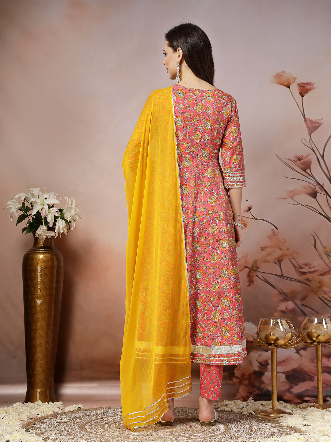 Pink Madhubani Printed Cotton Anarkali Kurta Pant Dupatta Set - Image 4