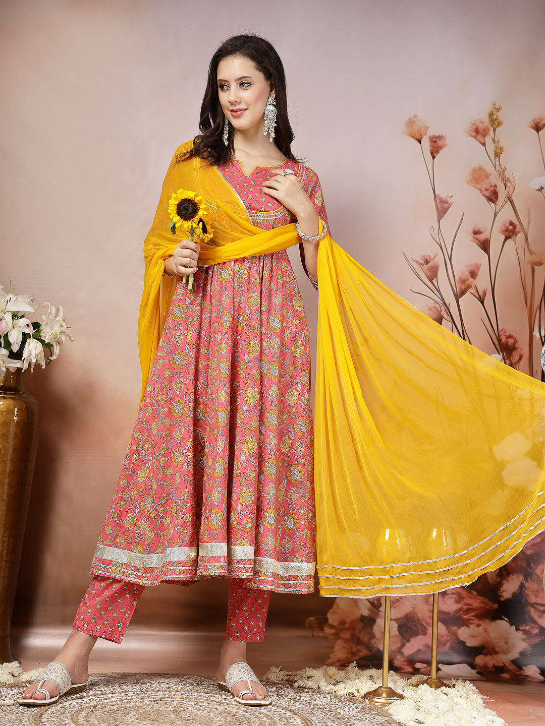 Pink Madhubani Printed Cotton Anarkali Kurta Pant Dupatta Set - Image 5