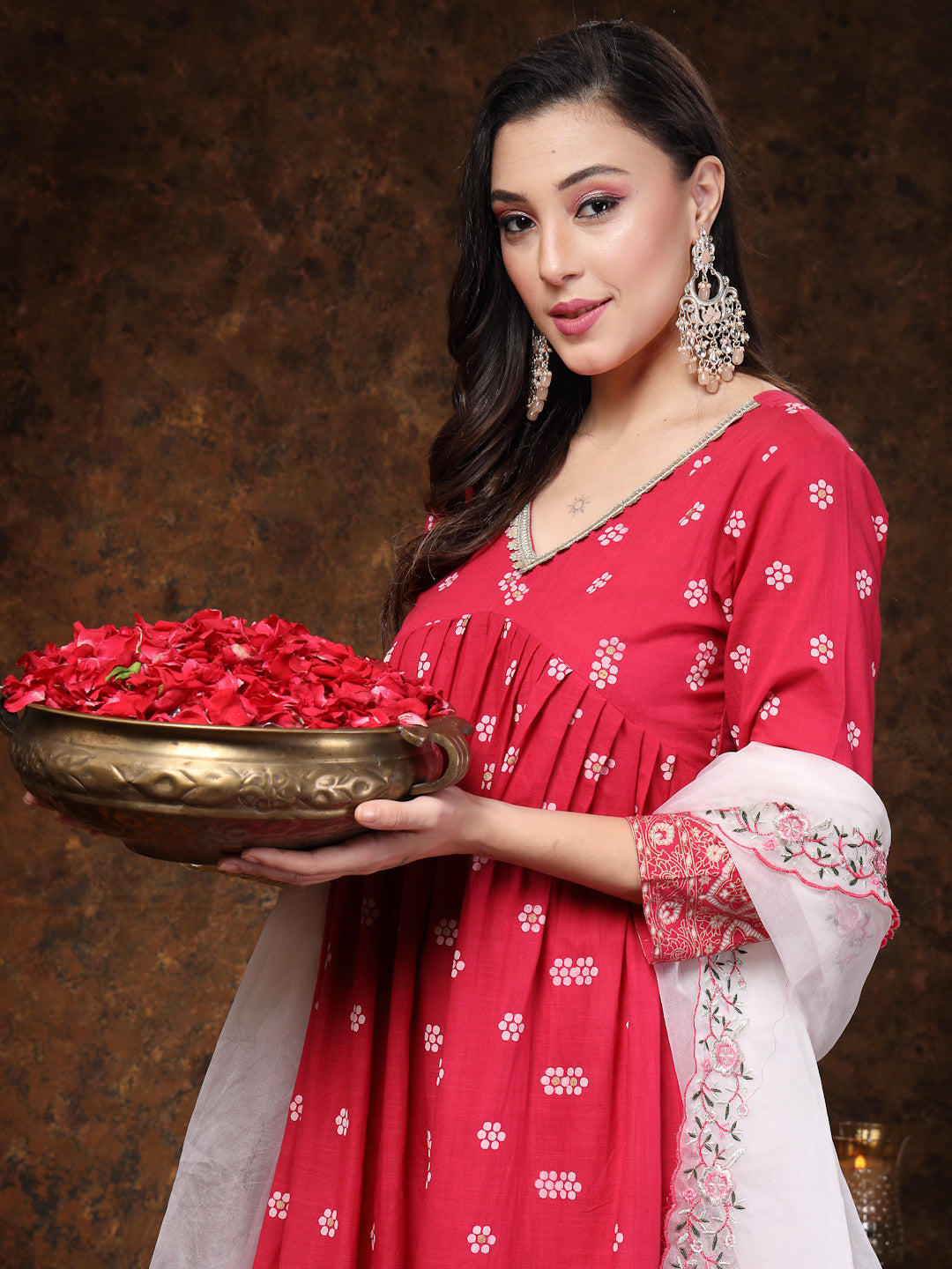 Pink Printed & Embroidered Rayon Anarkali Kurta Pant Dupatta Set - Image 2