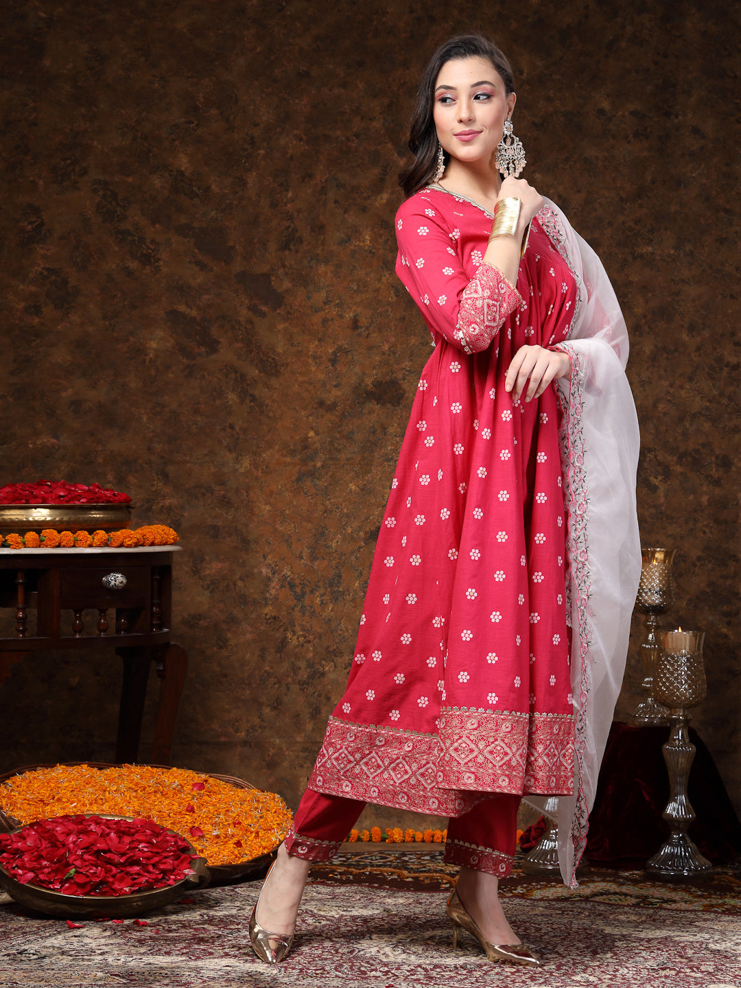 Pink Printed & Embroidered Rayon Anarkali Kurta Pant Dupatta Set - Image 3