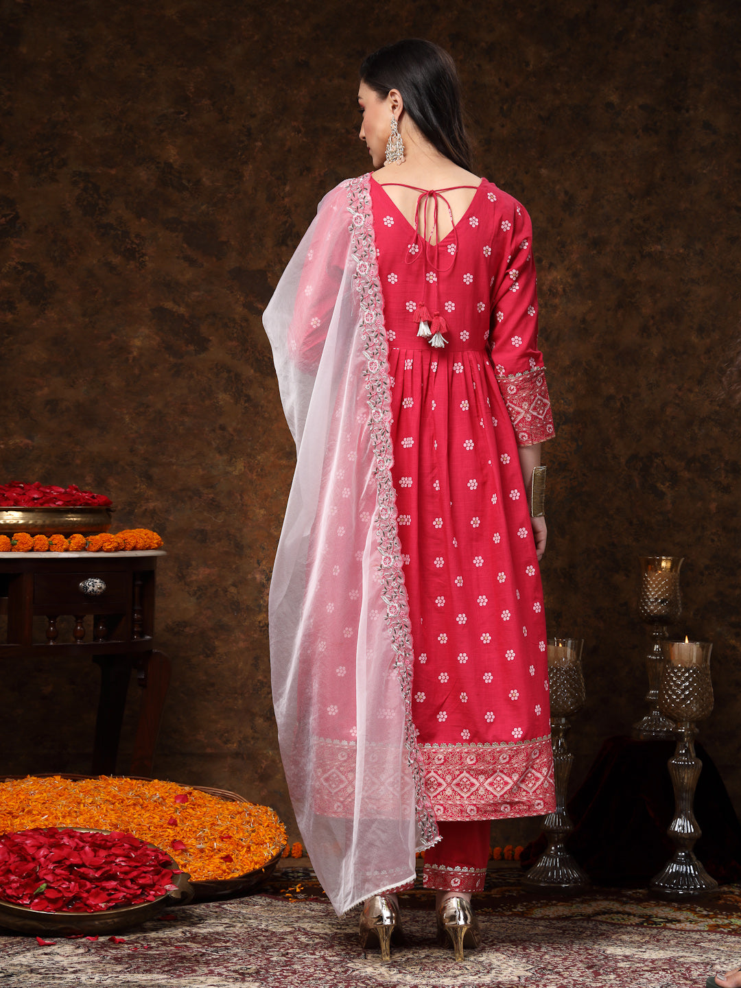 Pink Printed & Embroidered Rayon Anarkali Kurta Pant Dupatta Set - Image 4