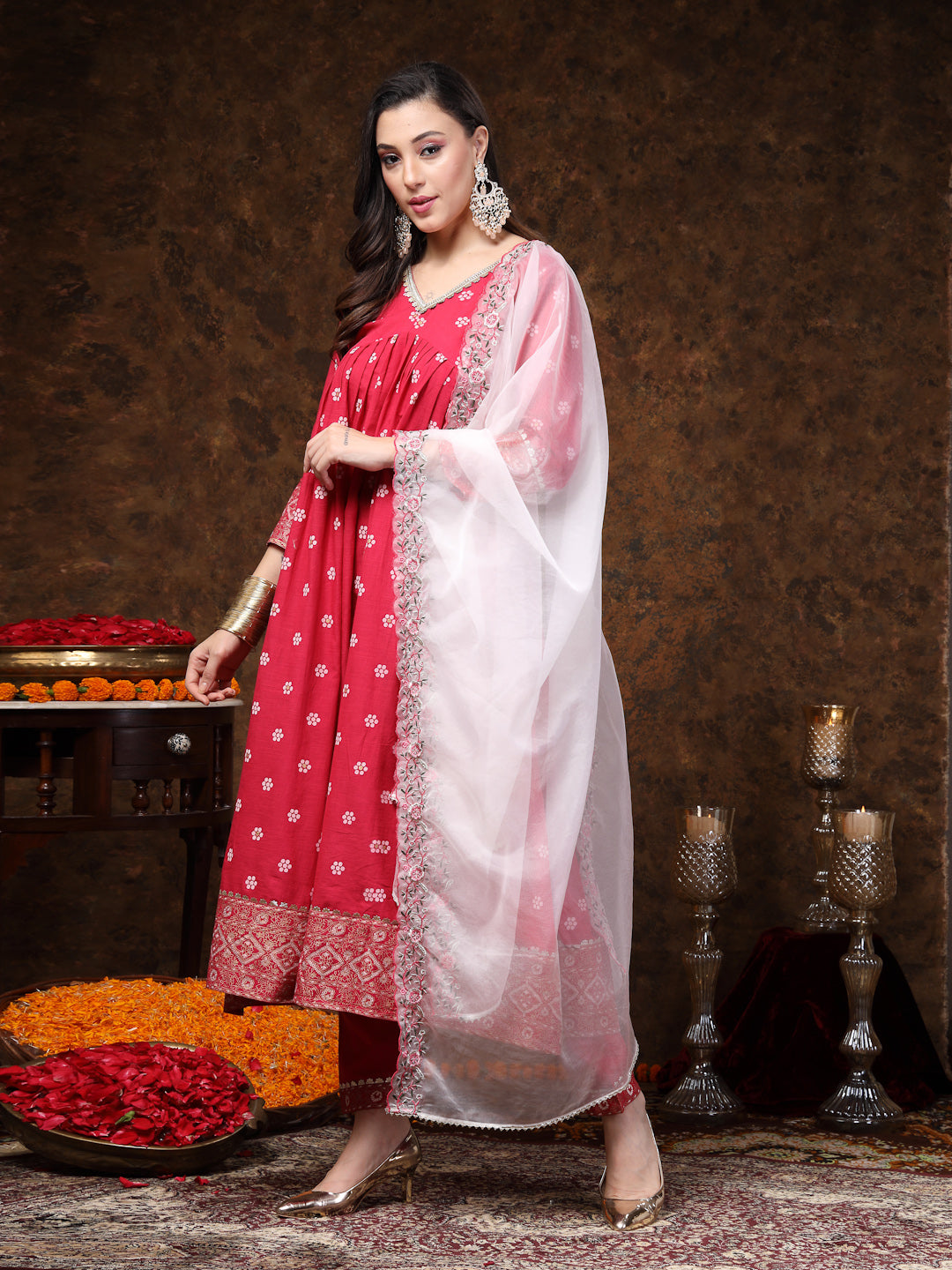 Pink Printed & Embroidered Rayon Anarkali Kurta Pant Dupatta Set - Image 5
