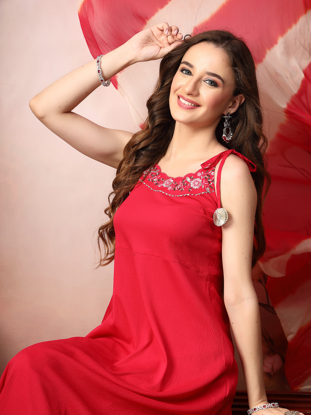 Pink Solid & Embroidered Poly Crepe A-Line Kurta Pant Dupatta Set - Image 3