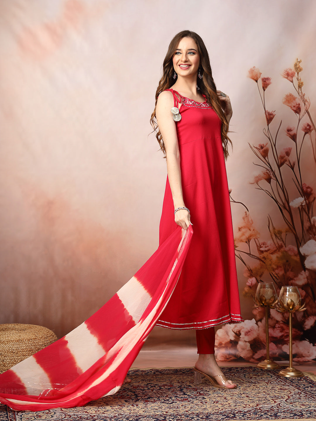 Pink Solid & Embroidered Poly Crepe A-Line Kurta Pant Dupatta Set - Image 4