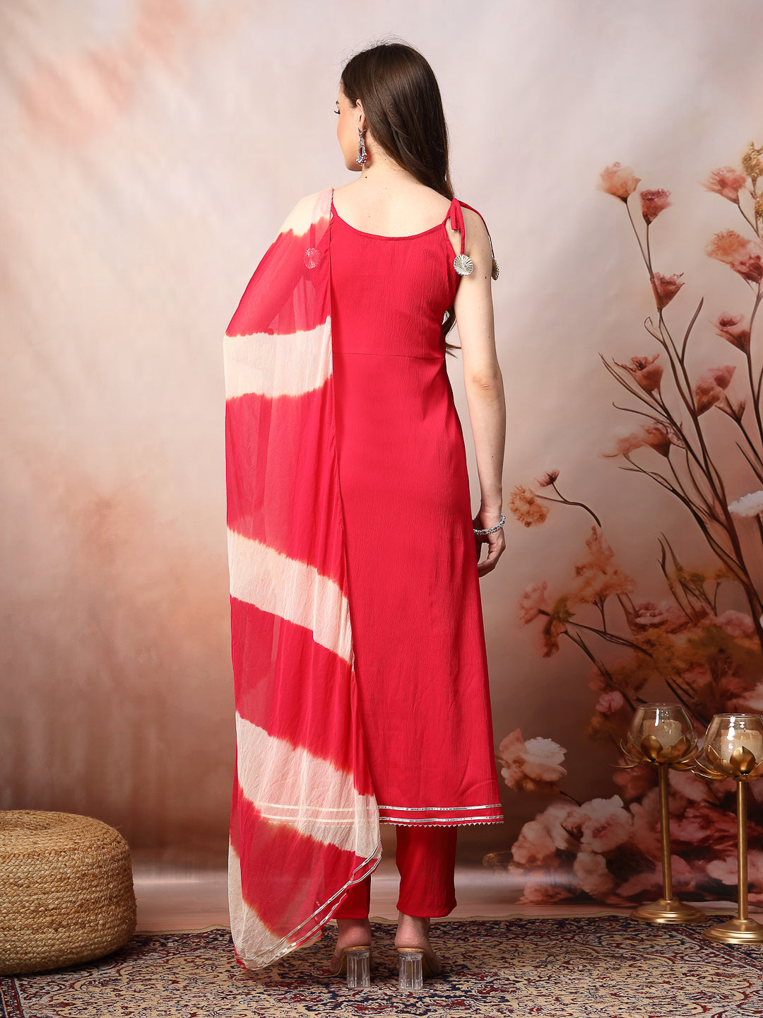 Pink Solid & Embroidered Poly Crepe A-Line Kurta Pant Dupatta Set - Image 2