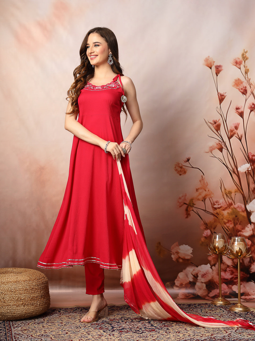 Pink Solid & Embroidered Poly Crepe A-Line Kurta Pant Dupatta Set - Image 5